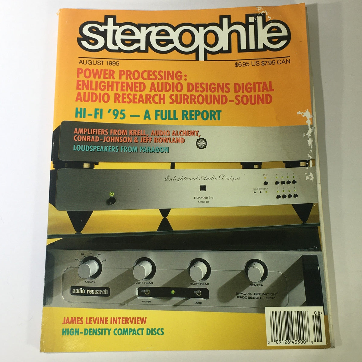 Cover of Stereophile Magazine August 1995 featuring an exclusive interview with James Levine and highlights on Audio Alchemy AMP technology. The cover includes articles related to power processing and audio equipment.