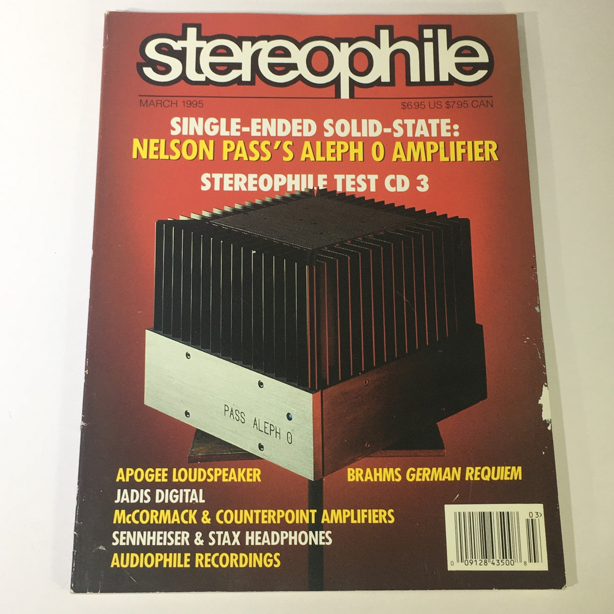 Cover of Stereophile Magazine March 1995 featuring Nelson Pass's Aleph 0 Amplifier and an article on Brahms Requiem.