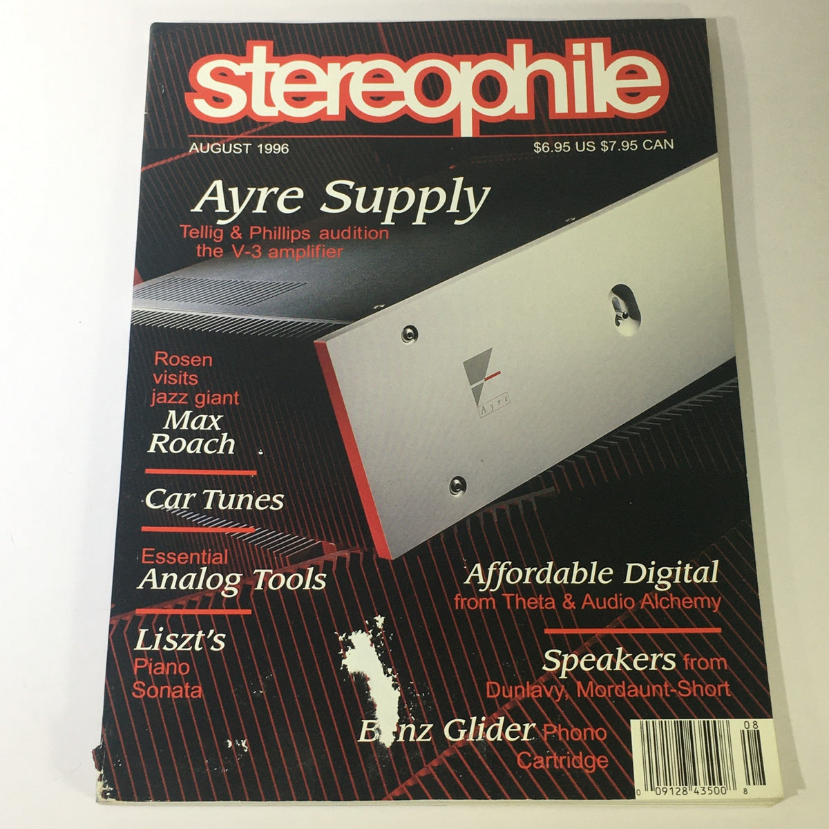 Cover of Stereophile Magazine from August 1996 featuring the Philips V-3 AMP, articles on Max Roach and Liszt's Piano, and a striking red and black design.