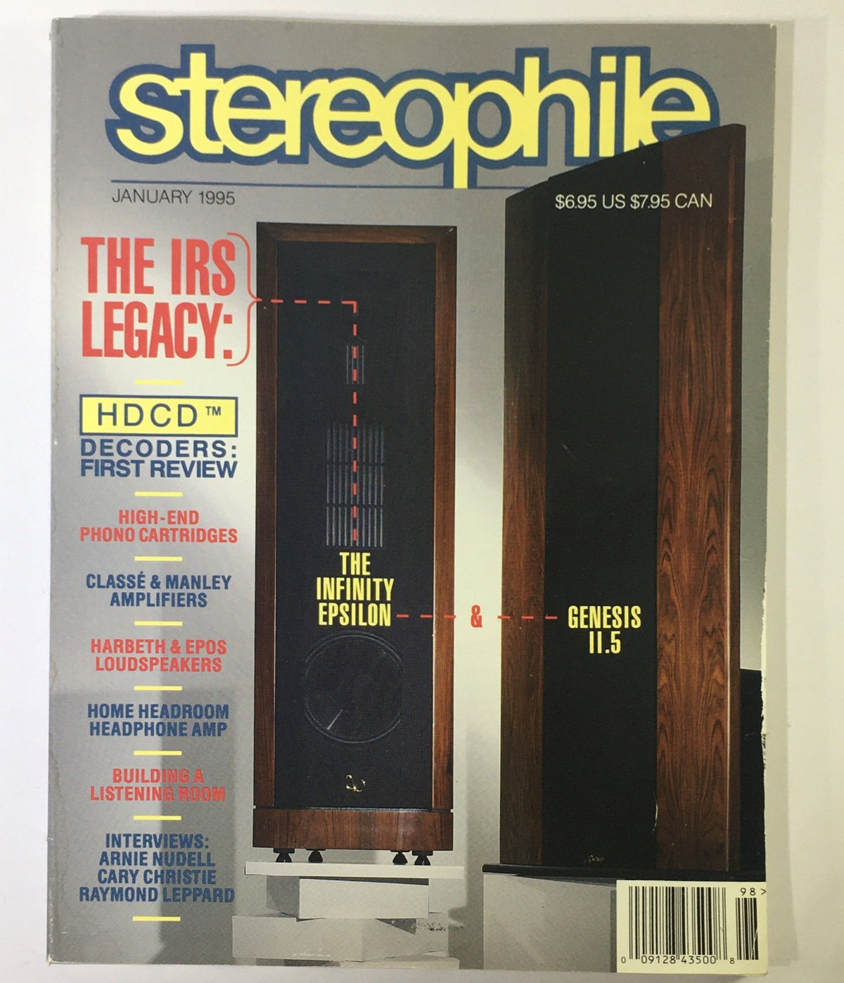 Cover of Stereophile Magazine from January 1995 featuring The Infinity Epsilon and Genesis 11.5 speakers, highlighting advancements in high-fidelity audio technology.