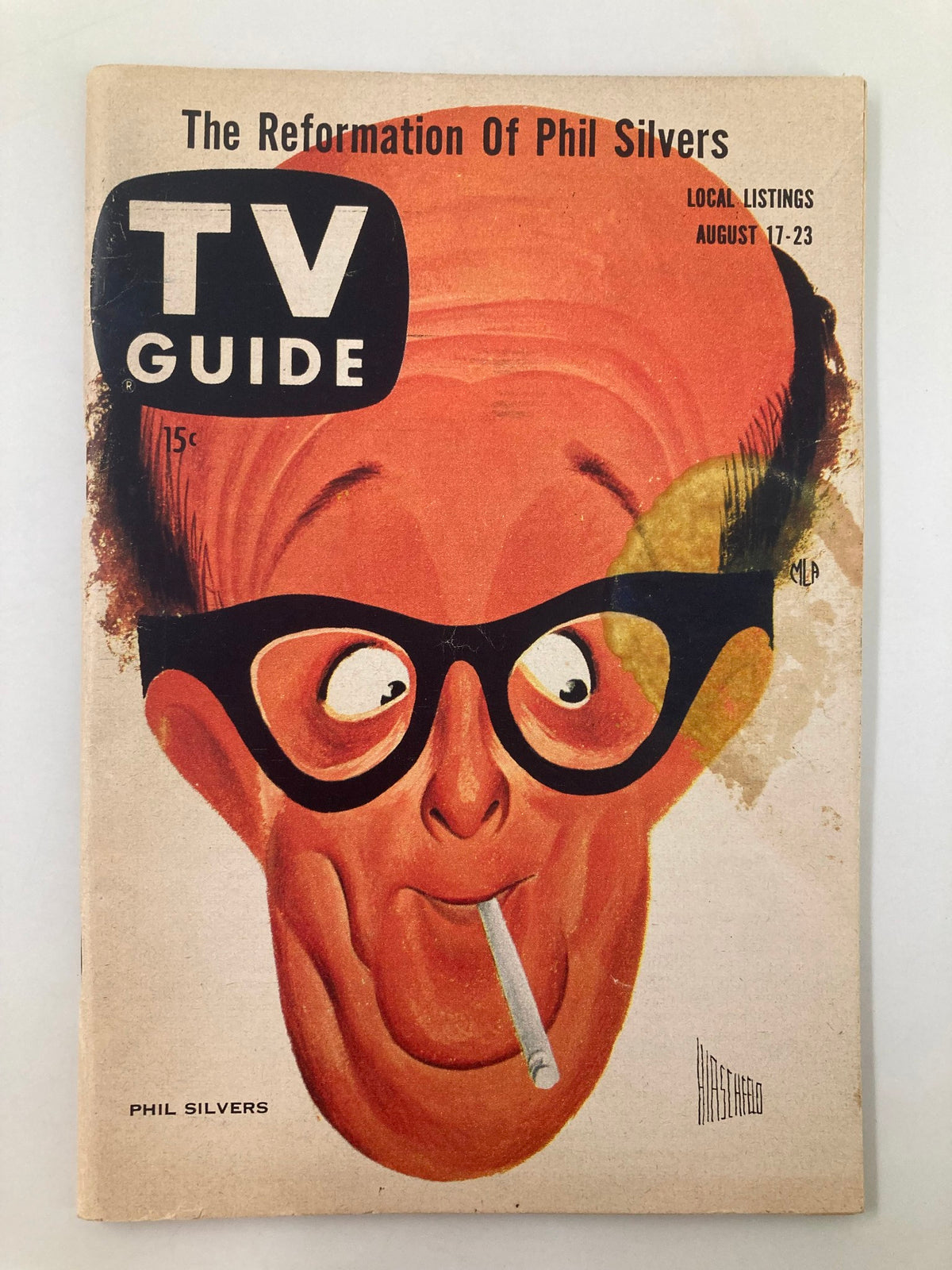 Cover of TV Guide Magazine August 17 1957 featuring Phil Silvers, showcasing vibrant illustration and text highlighting the local listings for that week.