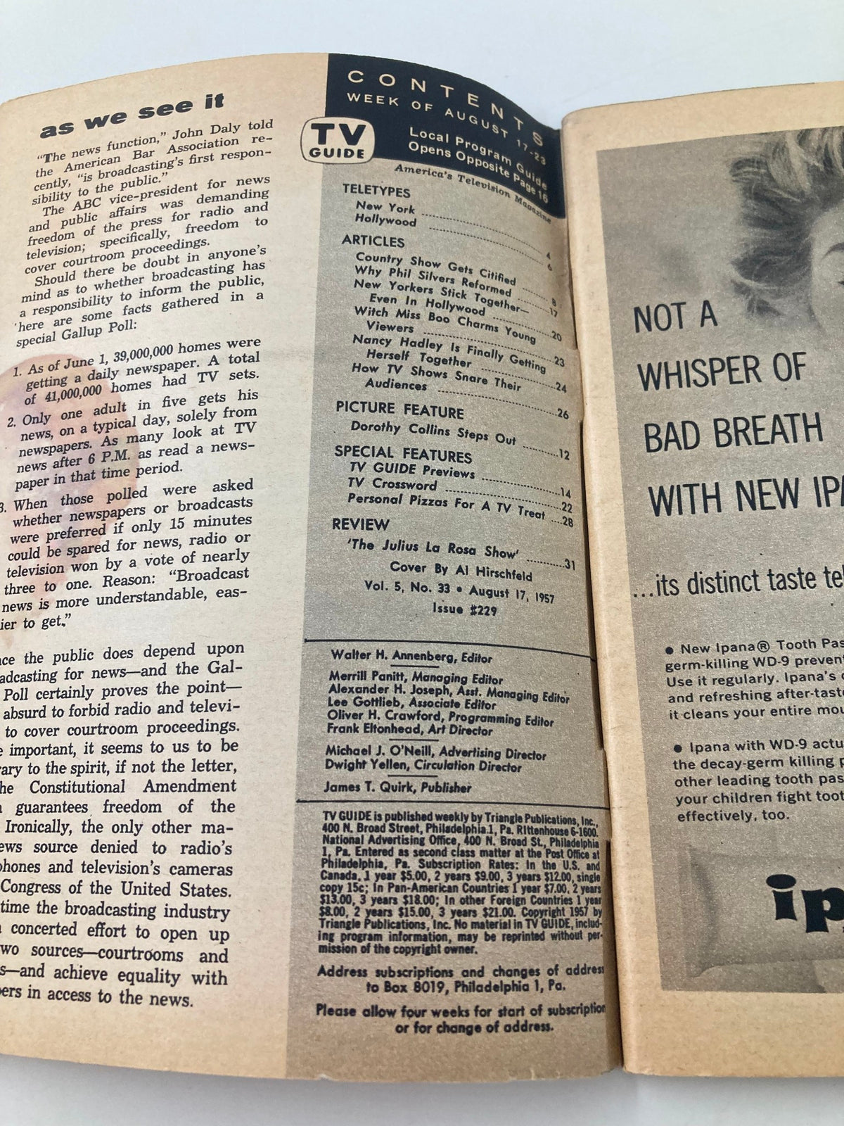 Inside page of TV Guide Magazine August 17 1957, presenting the contents section detailing articles and features from that issue.