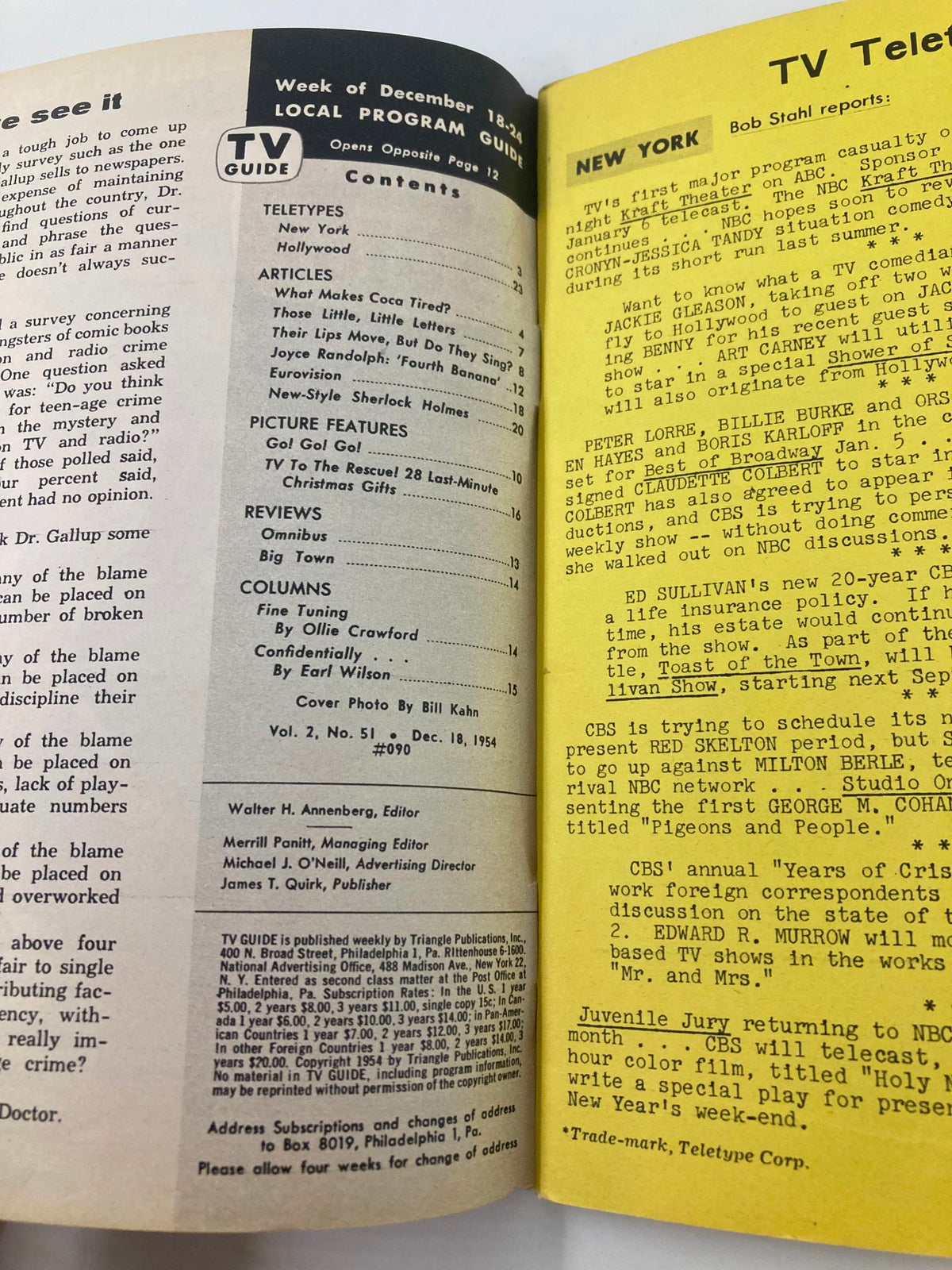 Inside content of TV Guide Magazine December 18 1954, including articles, local program listings, and features from the era.