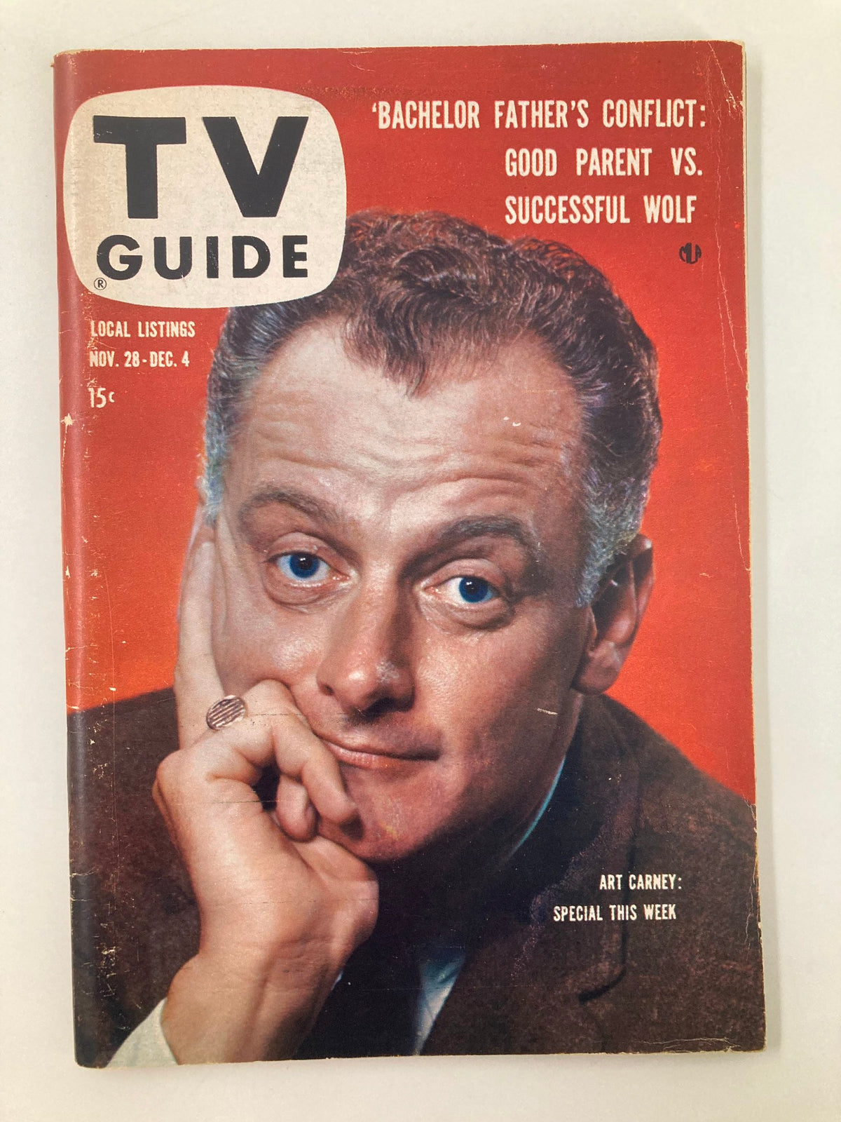 Cover of TV Guide Magazine November 28 1959 featuring Art Carney, showcasing a vintage look with an advertisement for 'Bachelor Father's Conflict' and local listings.
