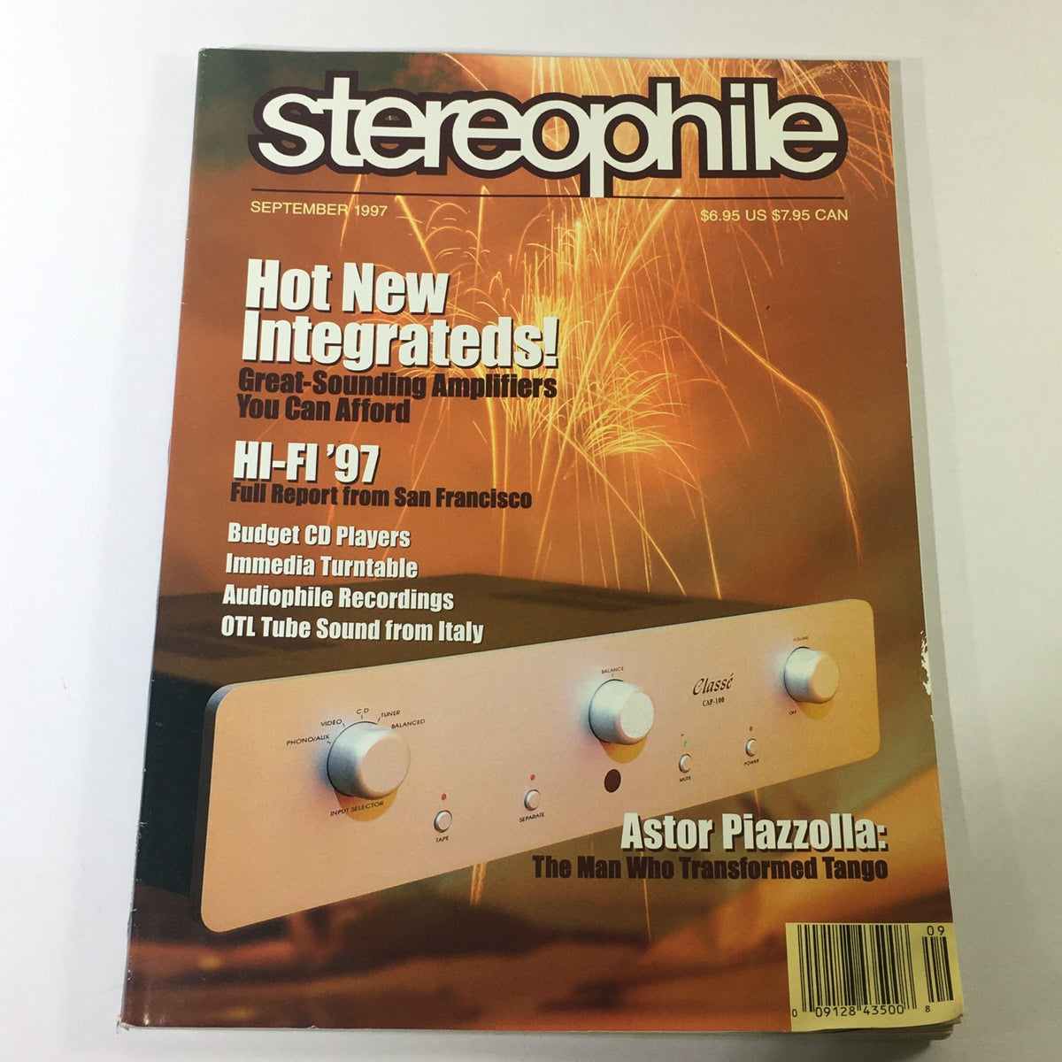 Stereophile Magazine September 1997 cover featuring Astor Piazzolla, highlighting hot new integrated amplifiers, and OTL Tube Sound from Italy. Includes sections on HI-FI '97 and audiophile recordings.