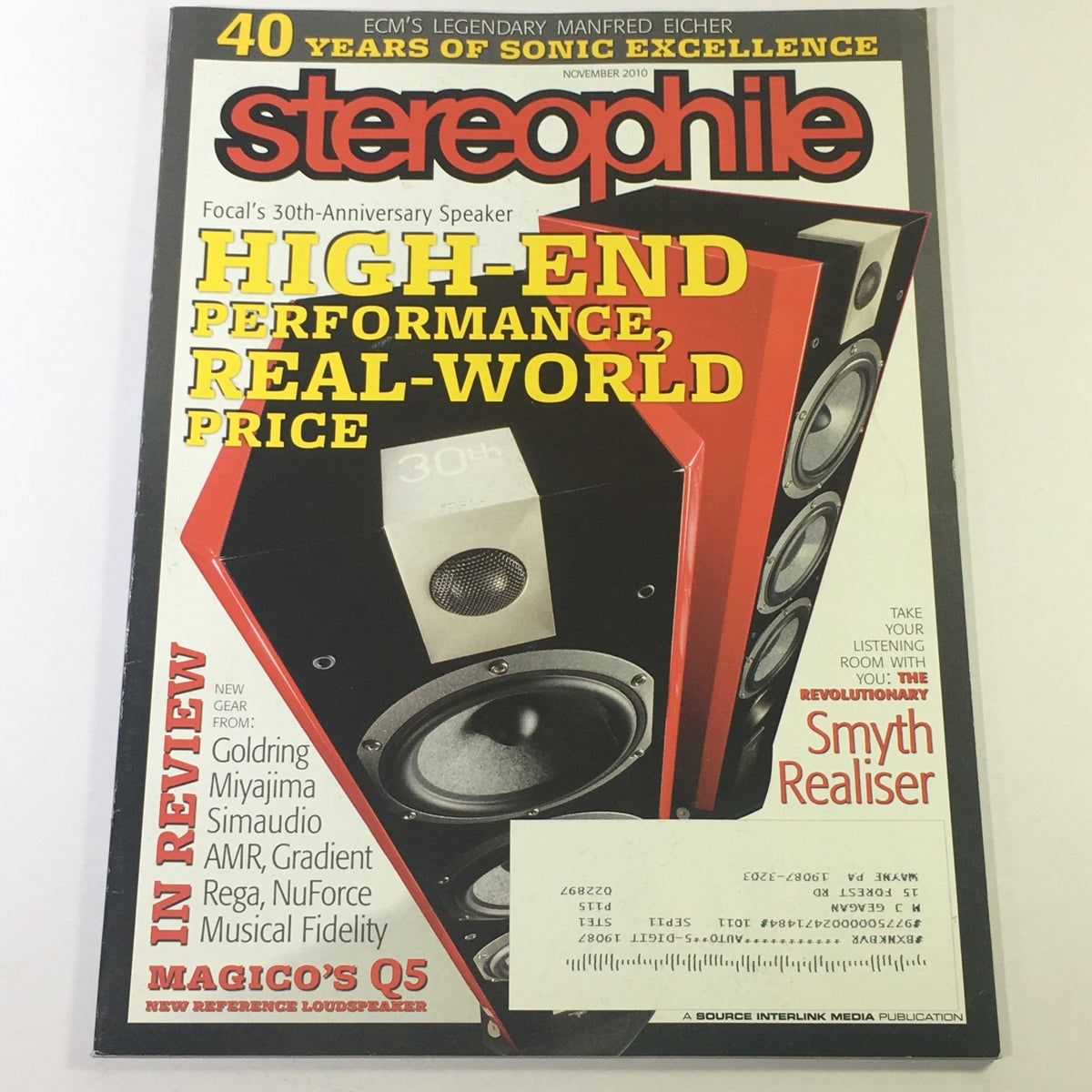 Cover of Stereophile Magazine November 2010 featuring a high-end speaker, showcasing the Smyth Realiser and reviews of various audio equipment, perfect for audiophiles.