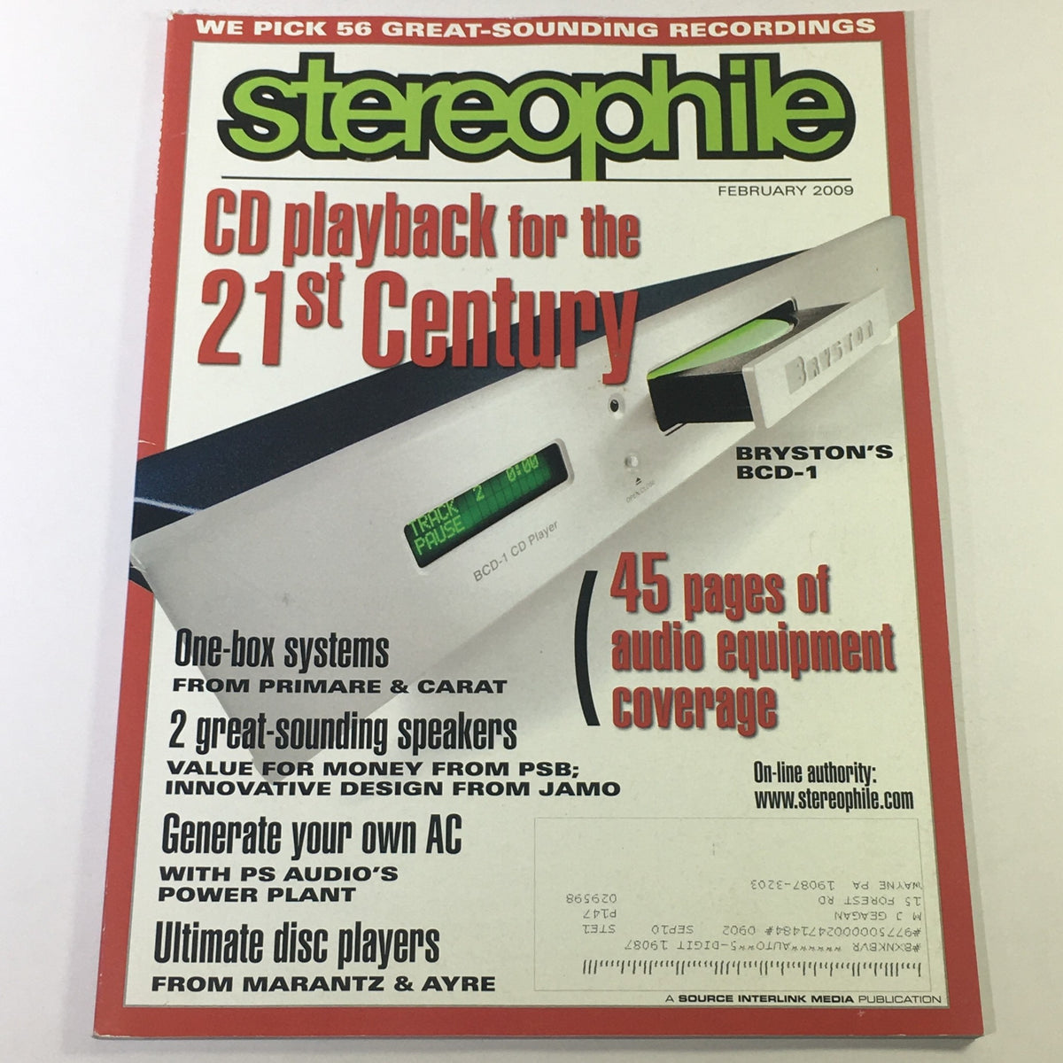 Cover of Stereophile Magazine February 2009 featuring Bryston's BCD-1 CD Player, with headlines about CD playback, audio equipment coverage, and speaker recommendations. Perfect for audiophiles and vintage magazine collectors.