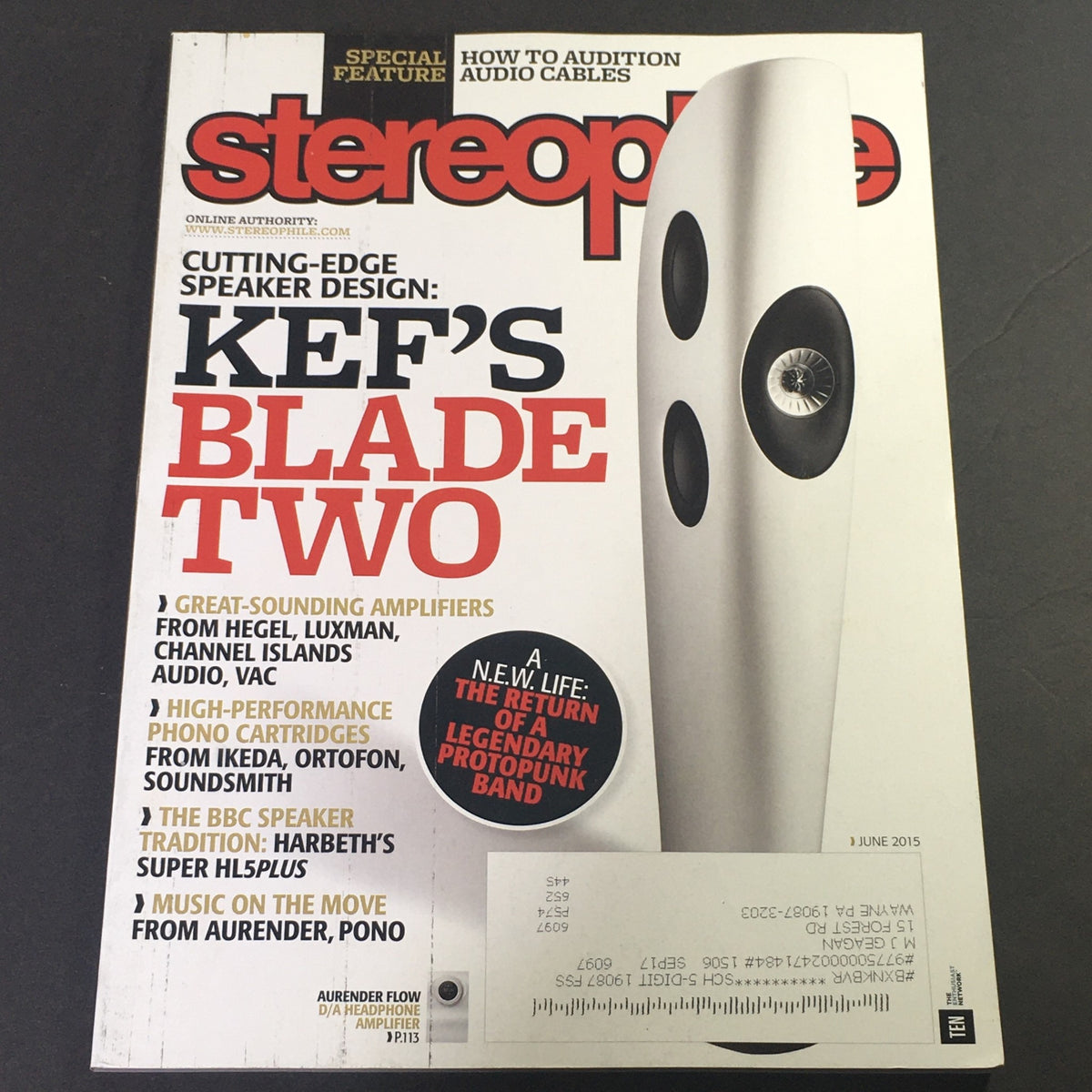 Cover of Stereophile Magazine June 2015 featuring an article on Kef's Blade Two speakers and Channel Islands AMP. This issue includes insights on high-fidelity audio equipment and audio innovations.