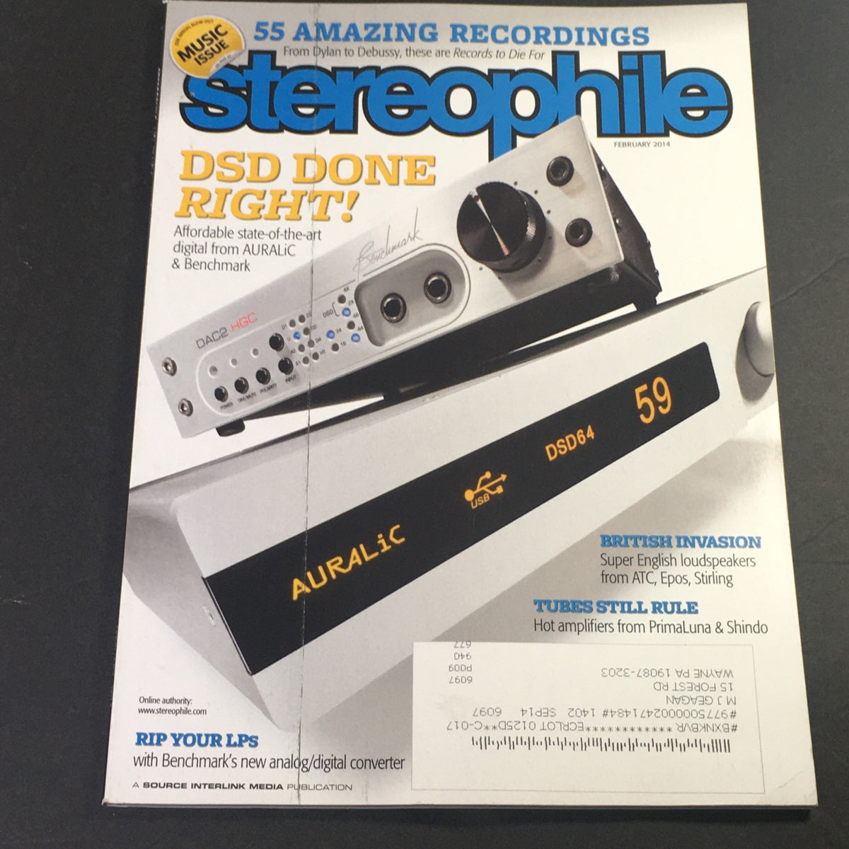 Stereophile Magazine February 2014 featuring insights into AURALiC and Benchmark DSD64 technology, showcasing high-fidelity audio and tube amplifiers from PrimaLuna.
