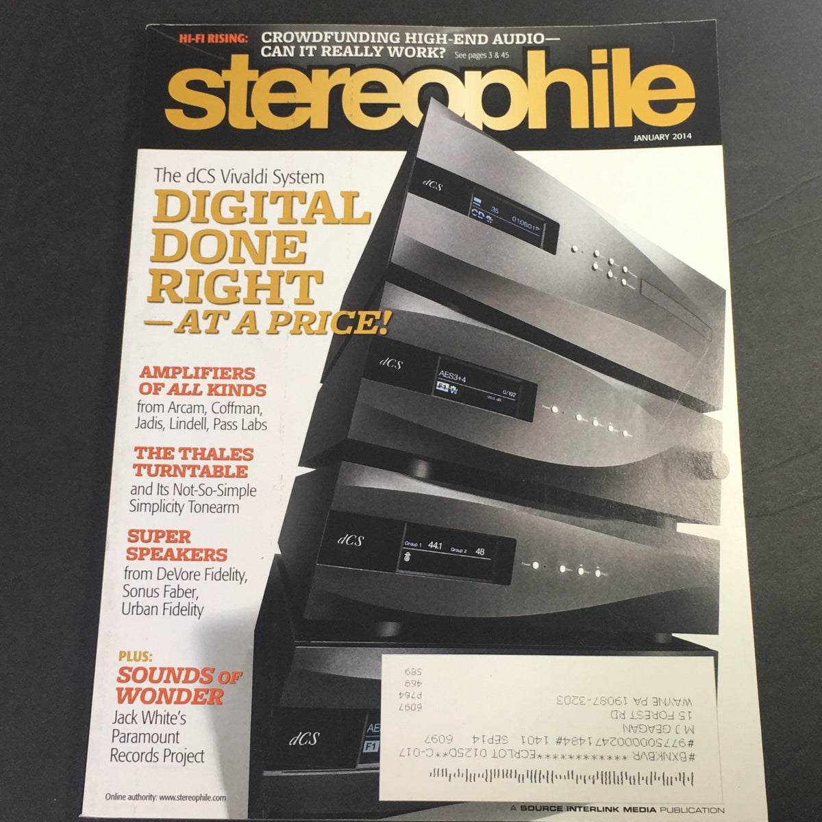 Cover of Stereophile Magazine January 2014 featuring the dCS Vivaldi System and reviews of audio equipment from Arcam, Coffman, Jadis, and Lindell Pass Labs AMP.
