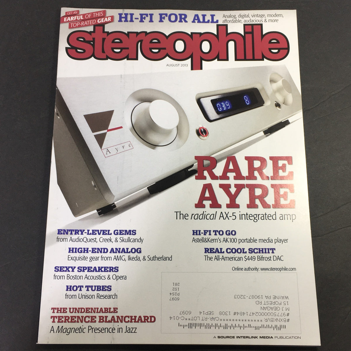 Stereophile Magazine August 2013 cover featuring Radical AX-5 Integrated Amplifier and AMG Analog turntable highlights, ideal for audiophiles and vintage magazine collectors.