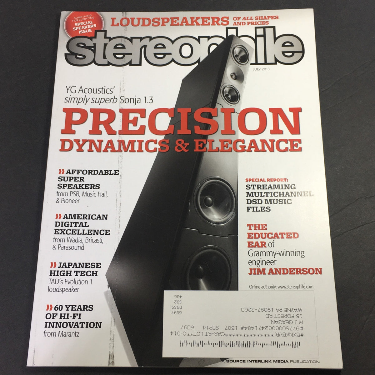 Cover of Stereophile Magazine July 2013 featuring YG Acoustic Sonja 1.3 Speaker and an article by audio expert Jim Anderson, focusing on precision, dynamics, and elegance in high-fidelity audio.