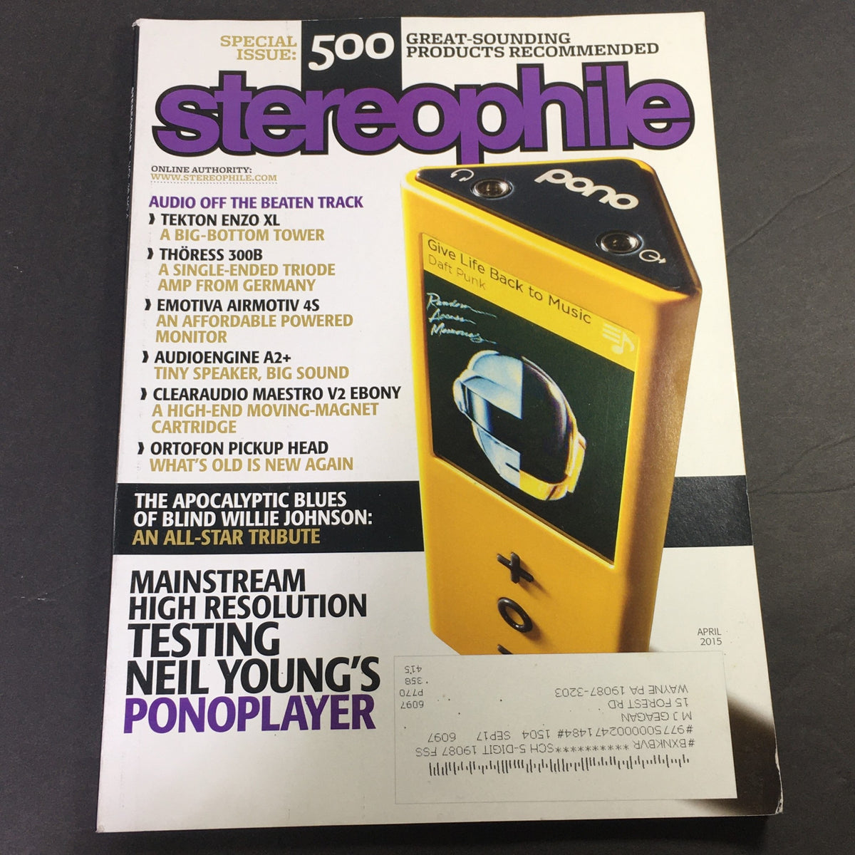 Cover of Stereophile Magazine April 2015 featuring reviews of Tekton Enzo XL Tower and Audioengine A2+ Speaker, highlighting audio technology and trends.