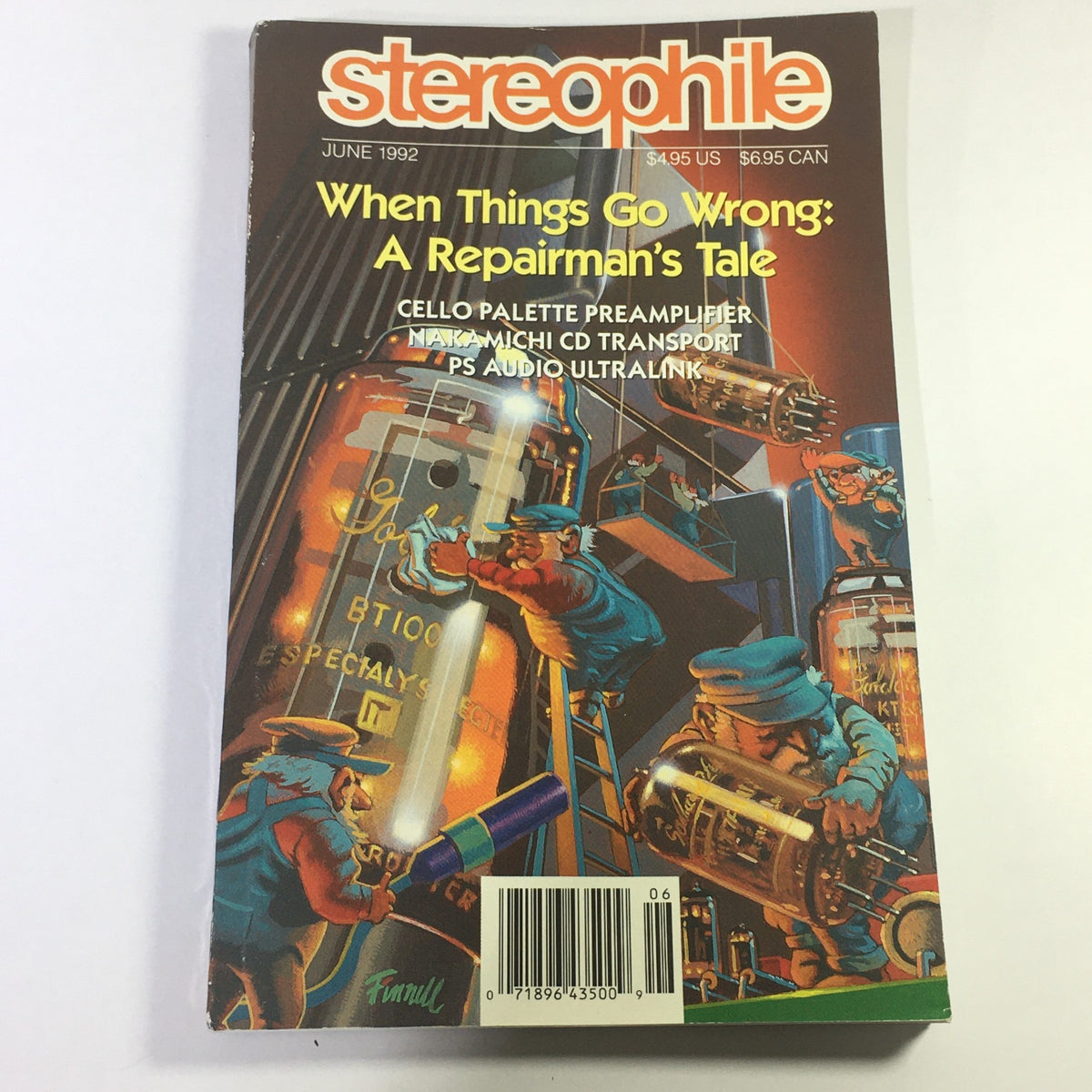Cover of Stereophile Magazine from June 1992 featuring a vibrant illustration and articles on Cello Palette Pre Amp, Nakamichi CD Transport, and PS Audio Ultralink.