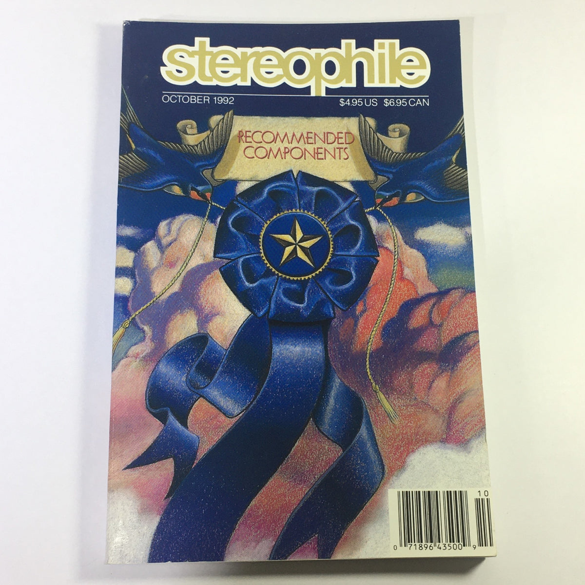 Cover of Stereophile Magazine October 1992 - Recommended Components Buyers Guide, featuring a vibrant illustration of a blue ribbon with a star on it, symbolizing award-winning audio components.