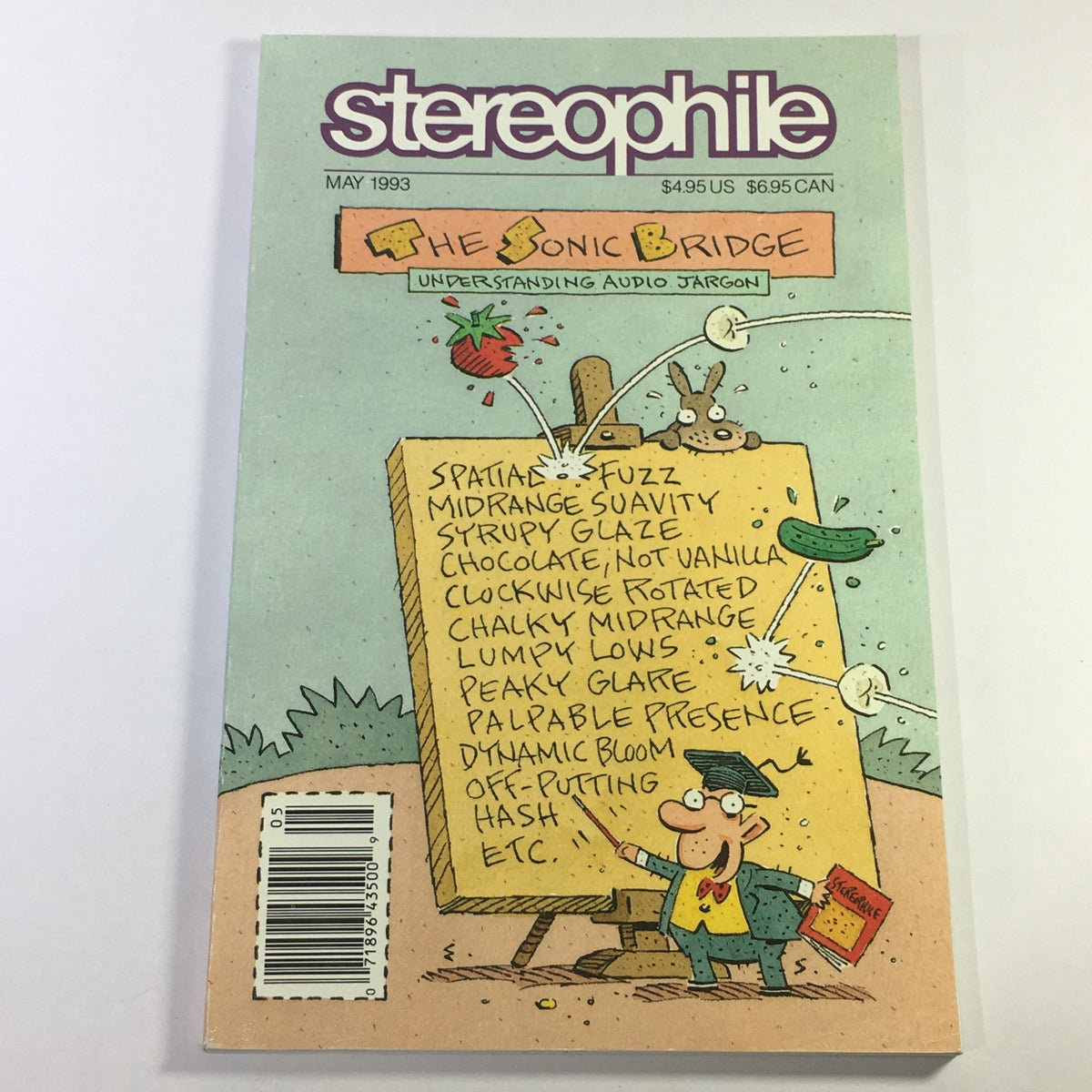 Cover of Stereophile Magazine May 1993 titled 'The Sonic Bridge / Understanding Audio Jargon' featuring an illustrated character presenting audio terms written on a board, illustrating concepts like 'Spatial Fuzz', 'Midrange Suavity', and 'Dynamic Bloom'.
