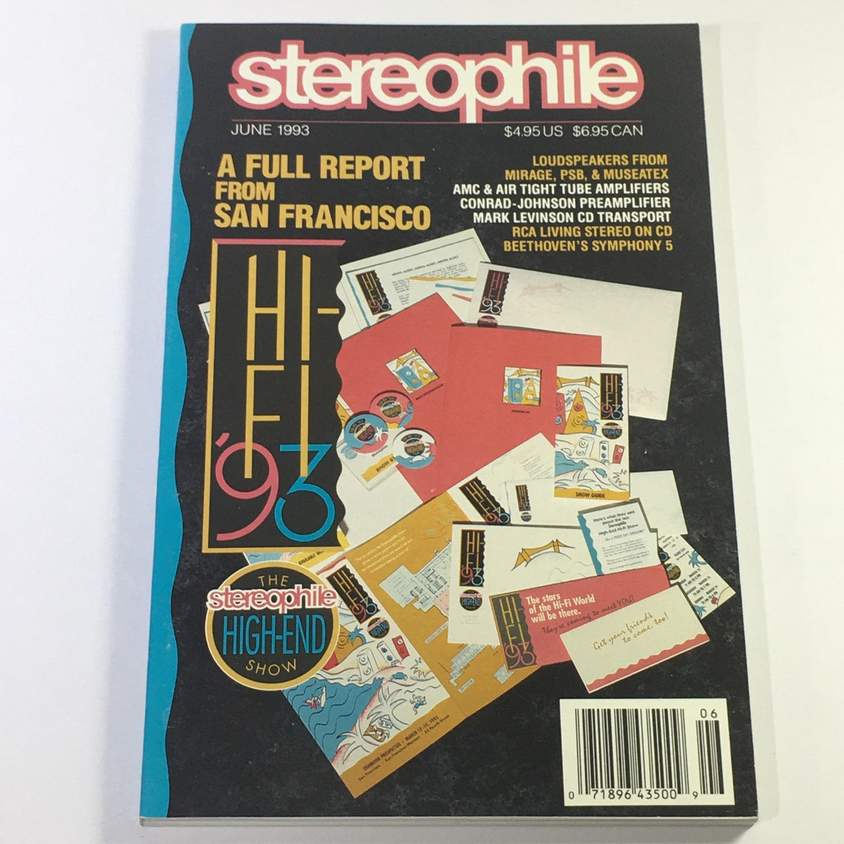 Stereophile Magazine, June 1993 issue featuring a report from the San Francisco high-end audio show. Cover highlights include loudspeakers from Mirage, PSB, and Museatex, along with AMC and Air Tight tube amplifiers. Ideal for audiophiles and collectors.