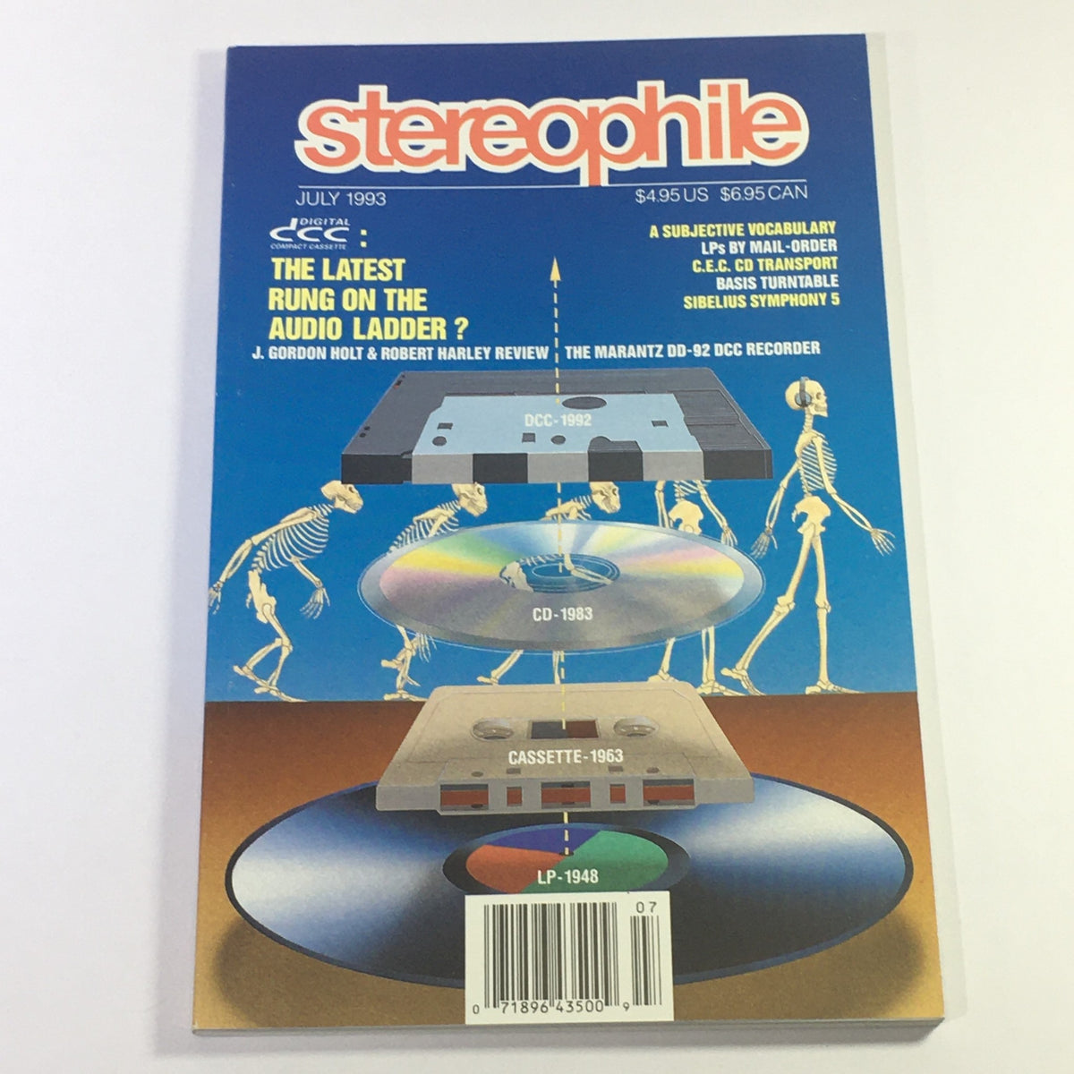 Cover of Stereophile Magazine, July 1993, featuring illustrations of audio technology evolution with a focus on formats like DCC, CD, cassette, and LP. Highlighting reviews by J. Gordon Holt and Robert Harley.