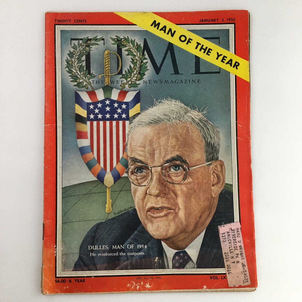 Cover of Time Magazine from January 3, 1955, featuring John Foster Dulles as Man of the Year. The cover includes an illustration of Dulles with a backdrop of an American flag and the text 'DULLES: MAN OF 1954'.