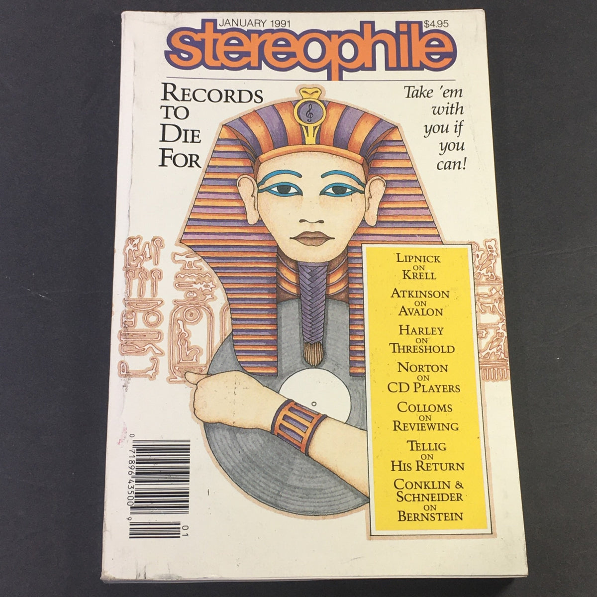 Cover of Stereophile Magazine January 1991 featuring articles by Lipnick on Krell and Atkinson on Avalon, illustrated with an Egyptian-themed design and the text 'Records to Die For'.
