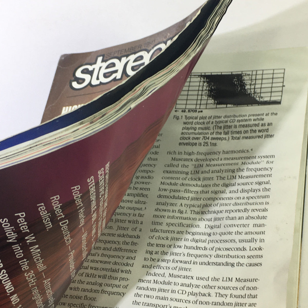 Side view of Stereophile Magazine September 1991 displaying the detailed spine and pages, with text related to audio technology advancements from that time.