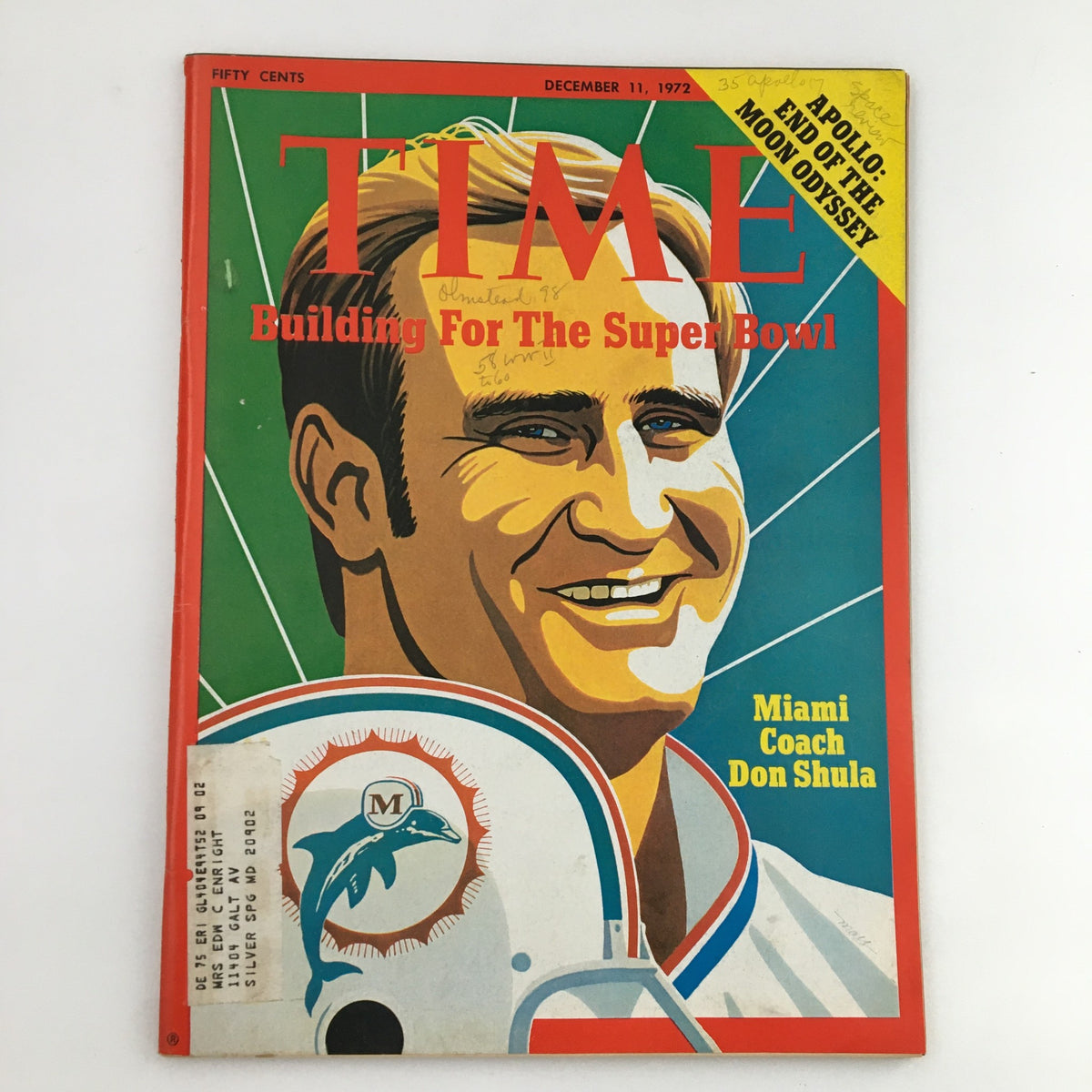 Time Magazine December 11 1972 cover featuring Miami Coach Don Shula, showcasing sports nostalgia and American football history.