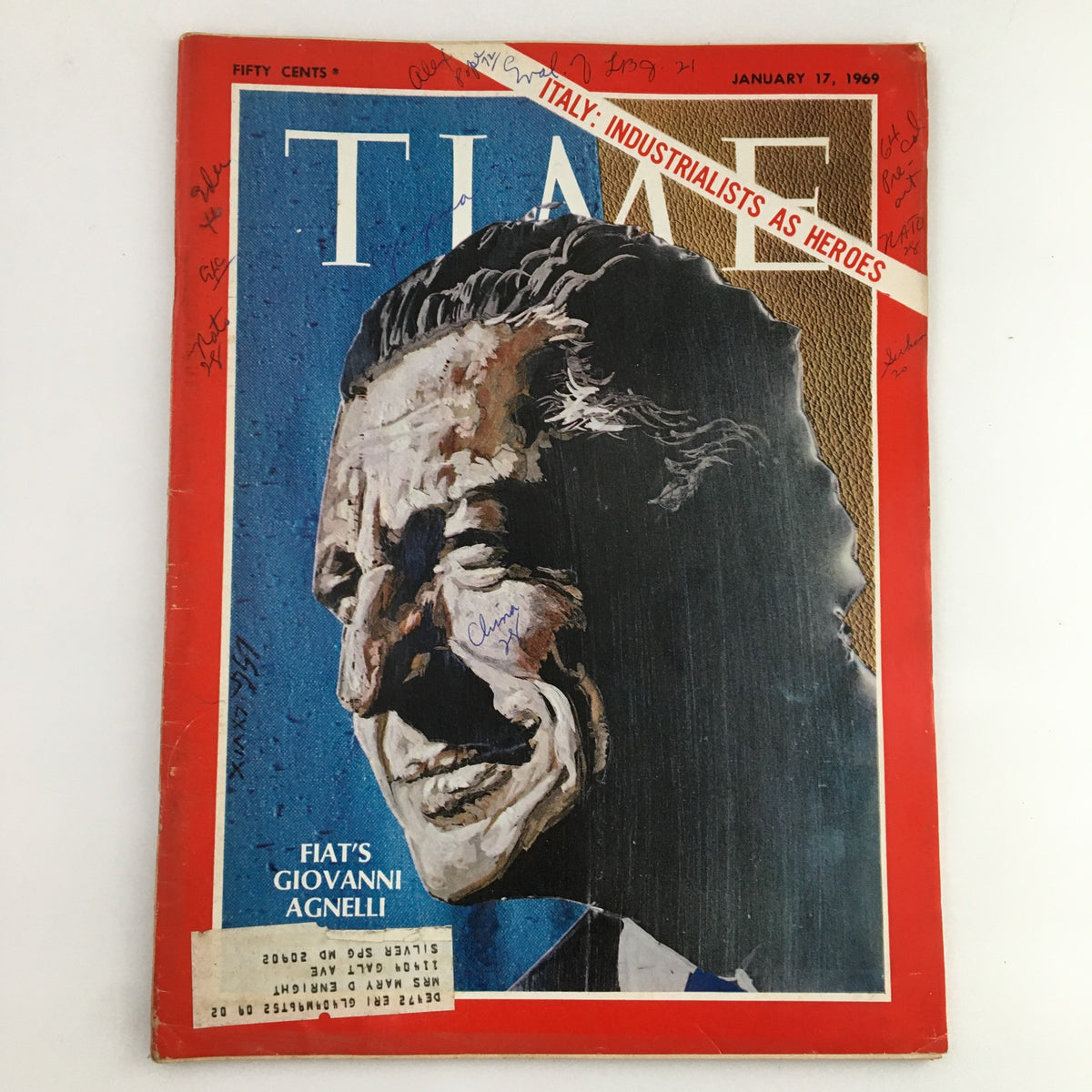 Cover of Time Magazine dated January 17, 1969, featuring Fiat's Giovanni Agnelli. The cover displays a portrait style illustration of Agnelli with visible markings and an address label, showcasing its vintage appeal.