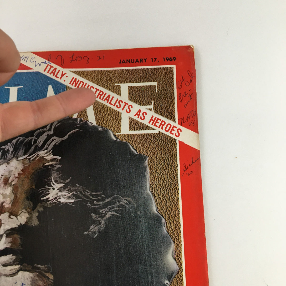 Another angle of the Time Magazine cover dated January 17, 1969, highlighting Fiat's Giovanni Agnelli. The cover includes additional handwritten annotations and the title strip, illustrating the magazine's historical significance.
