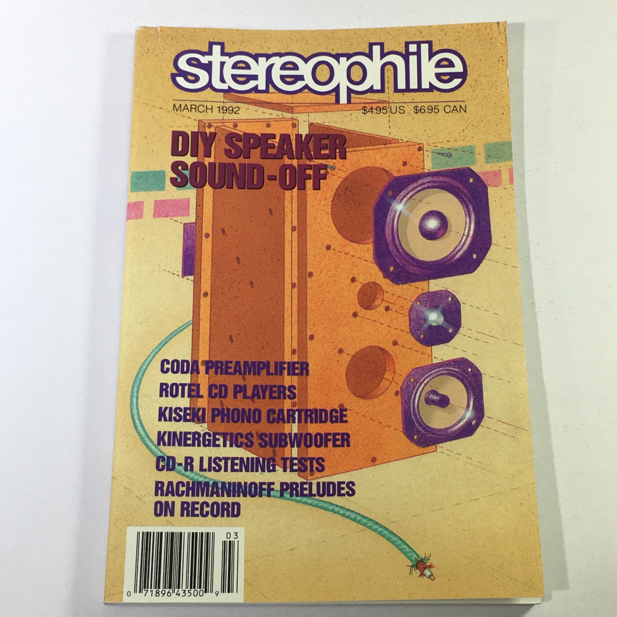 Cover of Stereophile Magazine March 1992 featuring DIY speaker sound-off, Coda PreAMP, and Rotel CD Player.