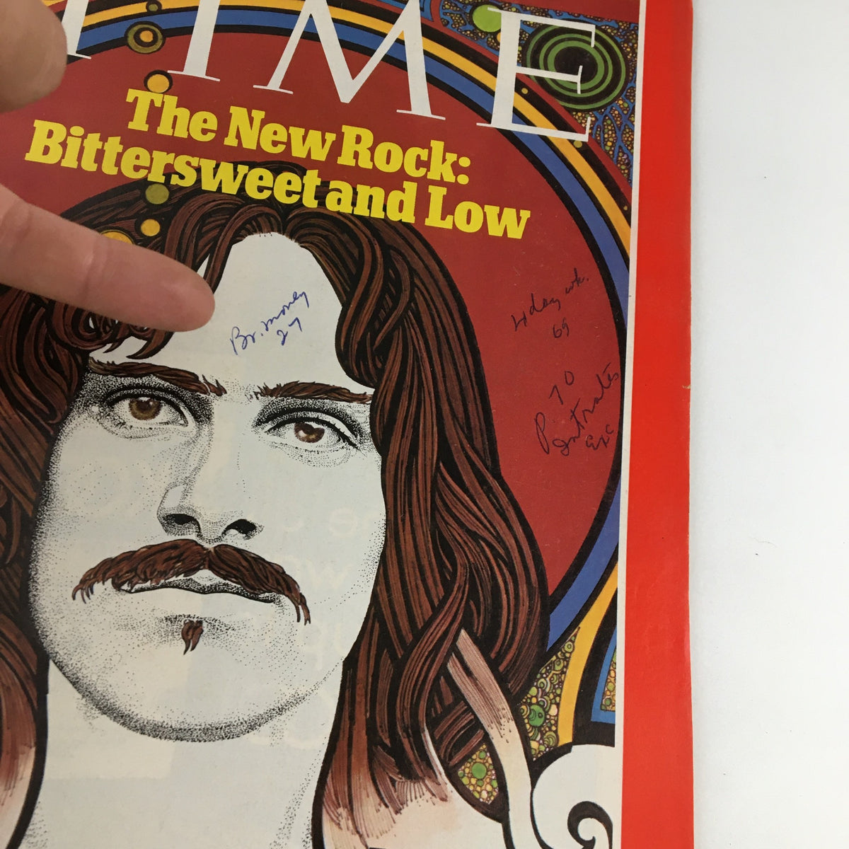 Close-up of the Time Magazine March 1 1971 Vol. 97 No. 9 cover highlighting James Taylor, displaying handwritten annotations and a finger pointing to the title 'Bittersweet and Low'.