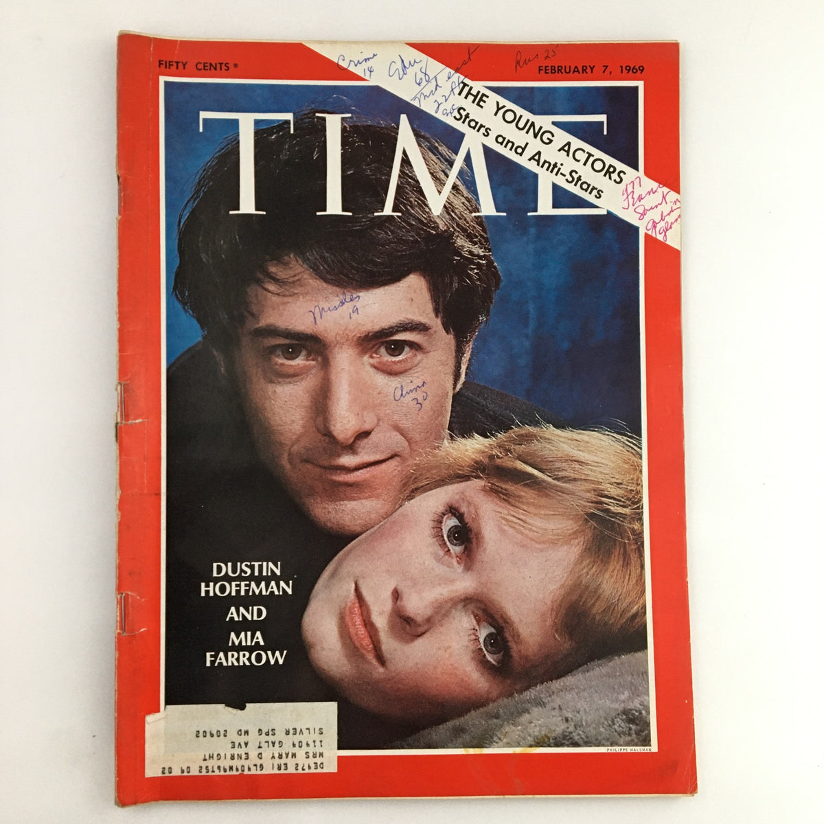 Cover of Time Magazine, February 7, 1969, featuring Dustin Hoffman and Mia Farrow, showcasing the theme 'The Young Actors: Stars and Anti-Stars' with various handwritten notes.