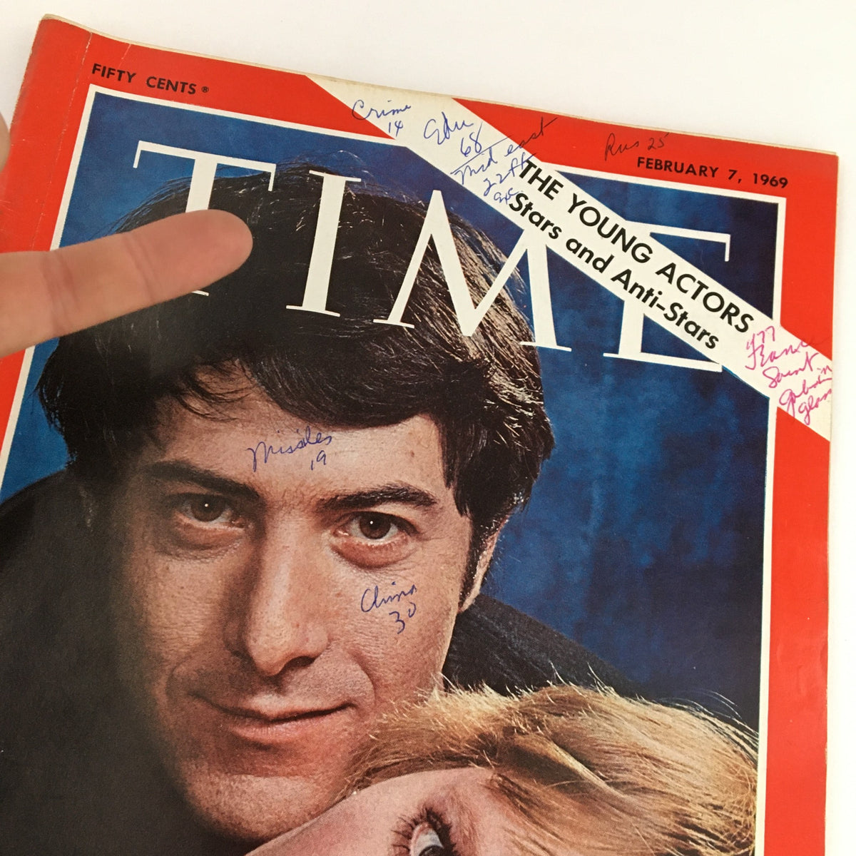 Cover of Time Magazine from February 7, 1969, featuring Dustin Hoffman and Mia Farrow, with handwritten notes. The magazine highlights the theme 'The Young Actors: Stars and Anti-Stars'.