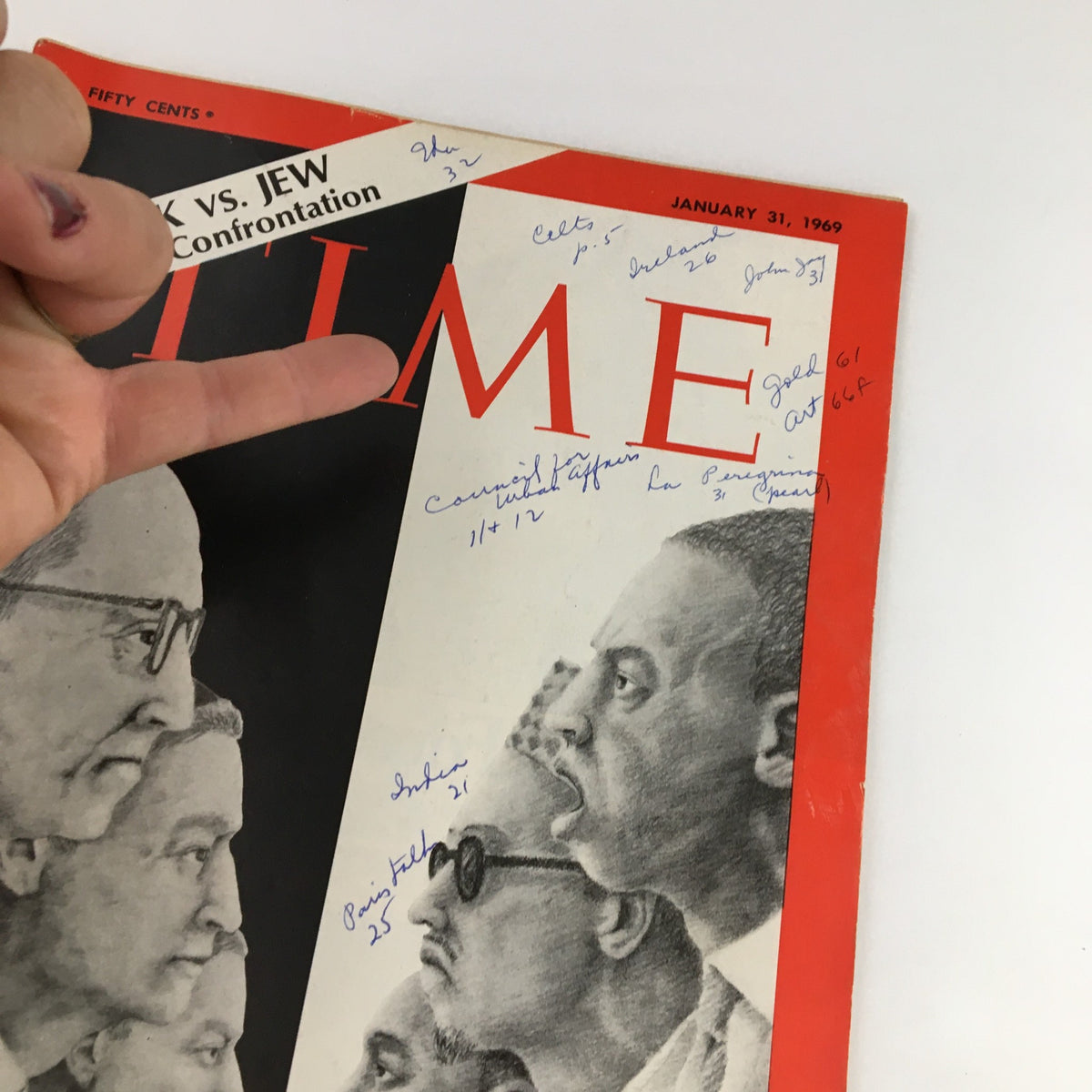 Close-up view of the Time Magazine January 31 1969 cover featuring the title 'Black vs Jew: A Tragic Confrontation' with notable handwritten notes visible. This issue, Vol. 93 No. 5, addresses historical social dynamics and conflicts, valuable for collectors.