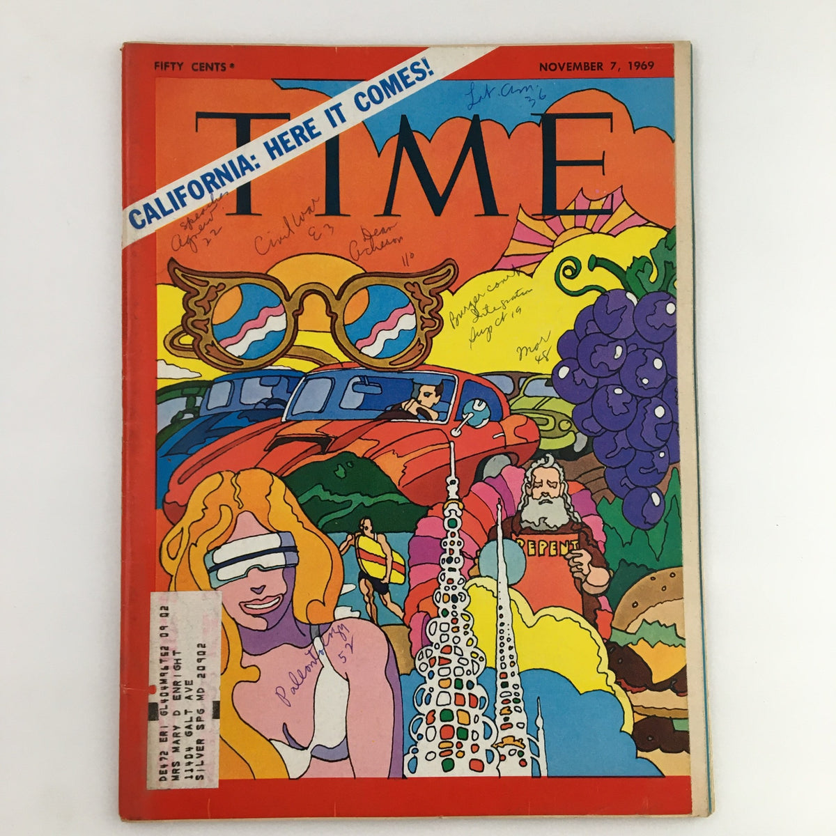 Cover of Time Magazine, November 7, 1969, featuring the vibrant artwork for the article 'California, Here It Comes.' The cover depicts colorful illustrations including psychedelic elements and iconic imagery representative of the cultural shift in California during the late 1960s.