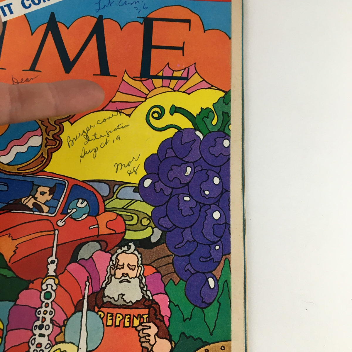 Another close-up view of the Time Magazine cover dated November 7, 1969, highlighting the colorful illustrations and handwritten notes. This cover promotes the article 'California, Here It Comes,' reflecting the vibrant culture and lifestyle of the 1960s.