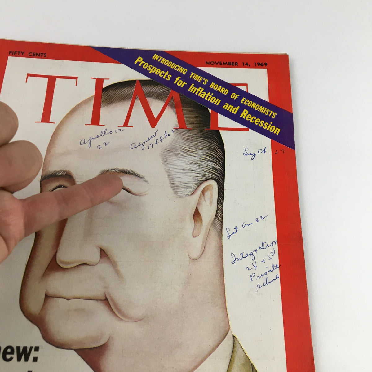 Close-up of the Time Magazine cover from November 14, 1969, showcasing Spiro Agnew, with multiple handwritten annotations.