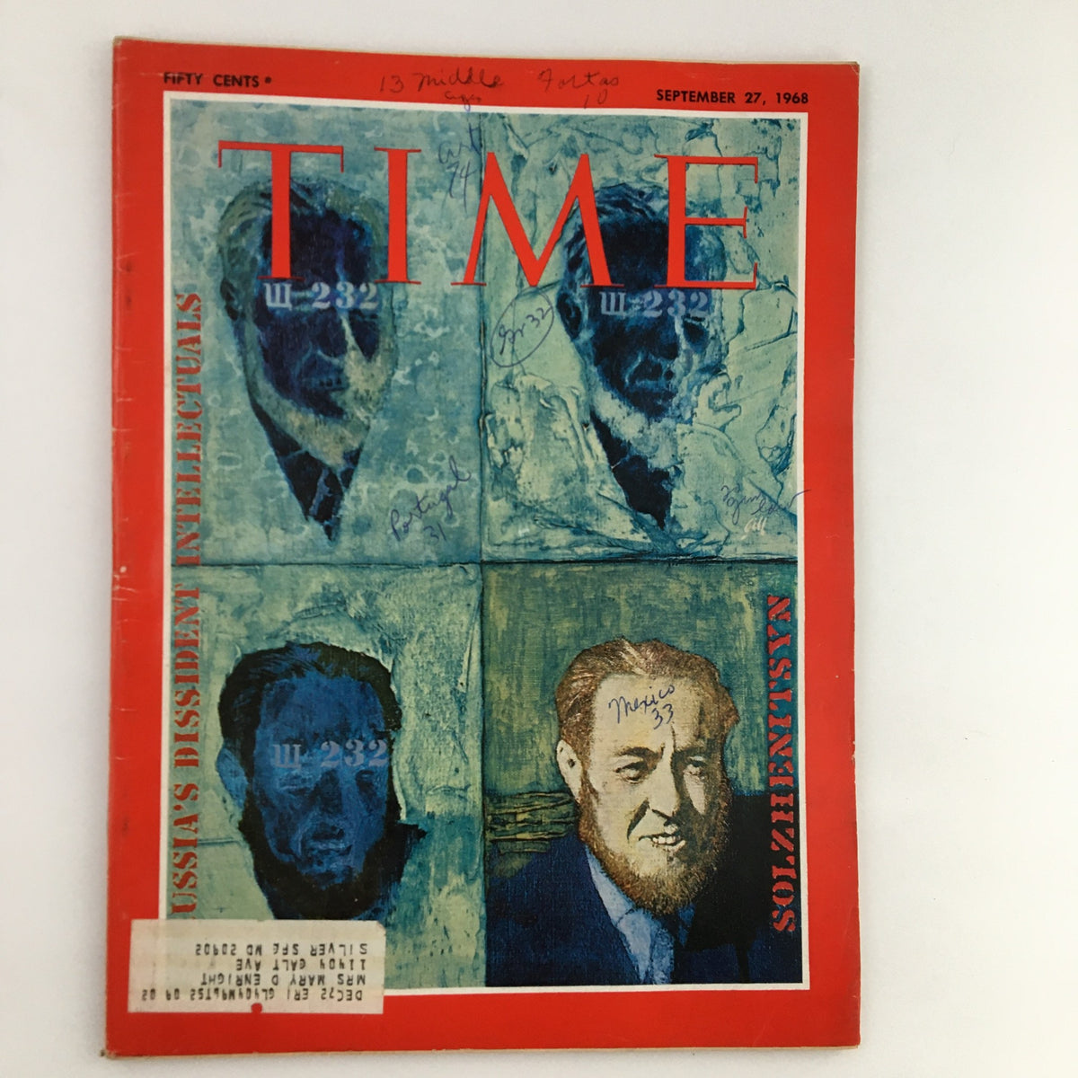 Cover of Time Magazine September 27, 1968 featuring Aleksandr Solzhenitsyn, showcasing a unique artistic design with faces and colorful background.