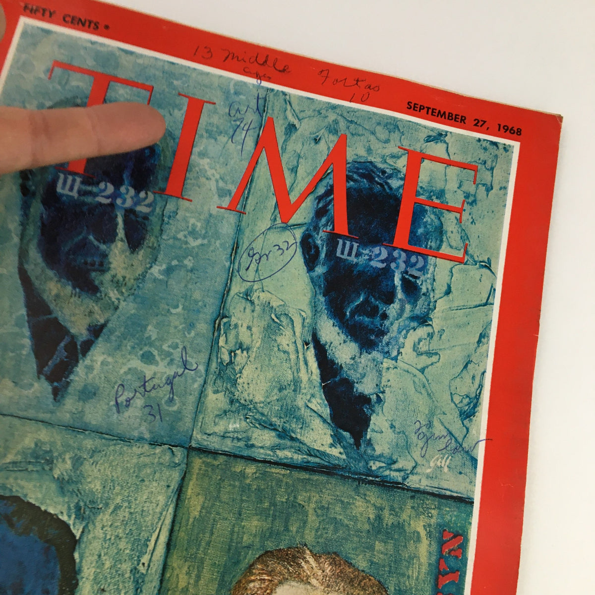 Close-up of Time Magazine September 27, 1968 cover highlighting handwritten notes and the magazine title above the images of prominent figures.