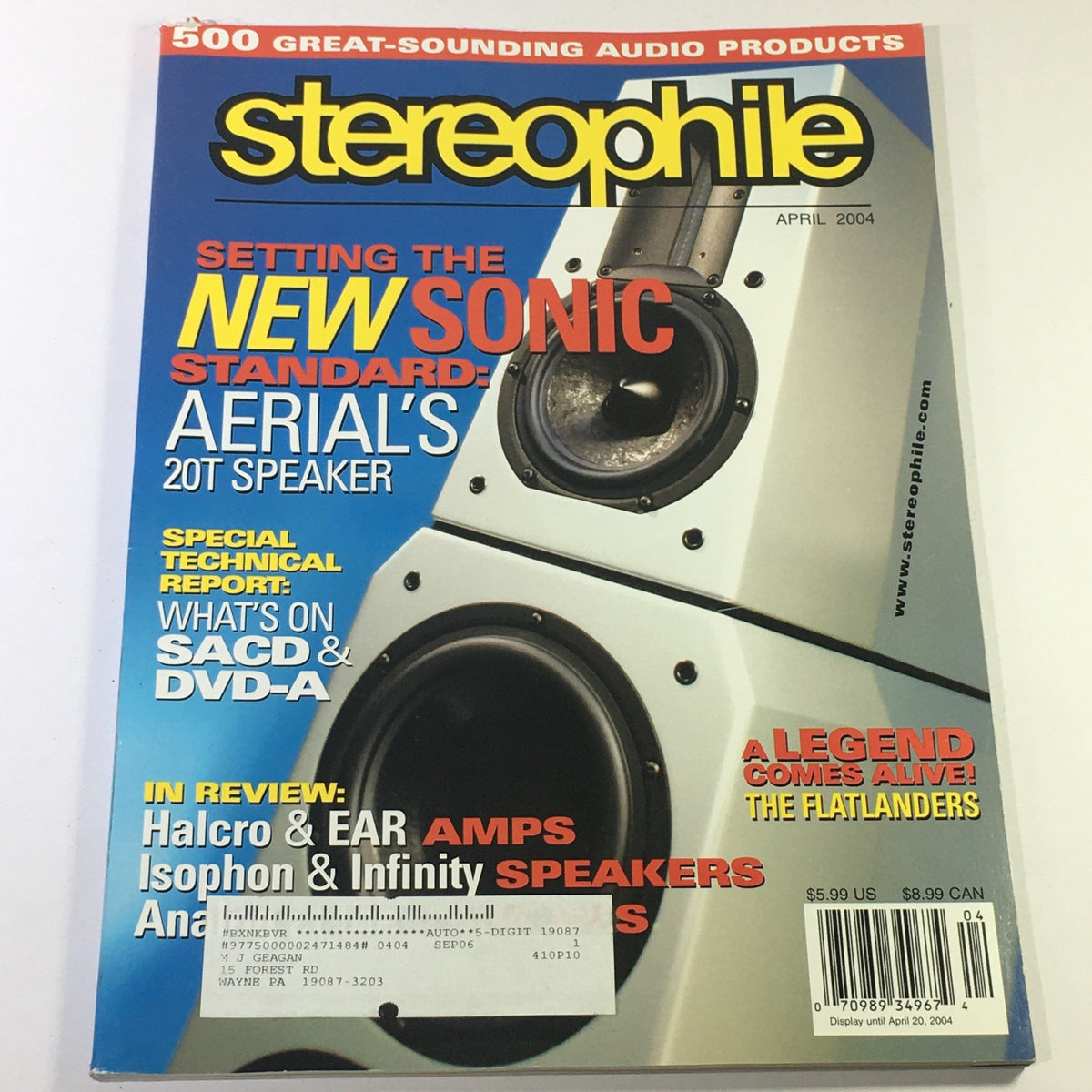 Cover of Stereophile Magazine April 2004 featuring Aerial 20T Speaker and reviews of Halcro and Ear AMPS. This issue highlights audio excellence and technological advancements in high-end audio systems.
