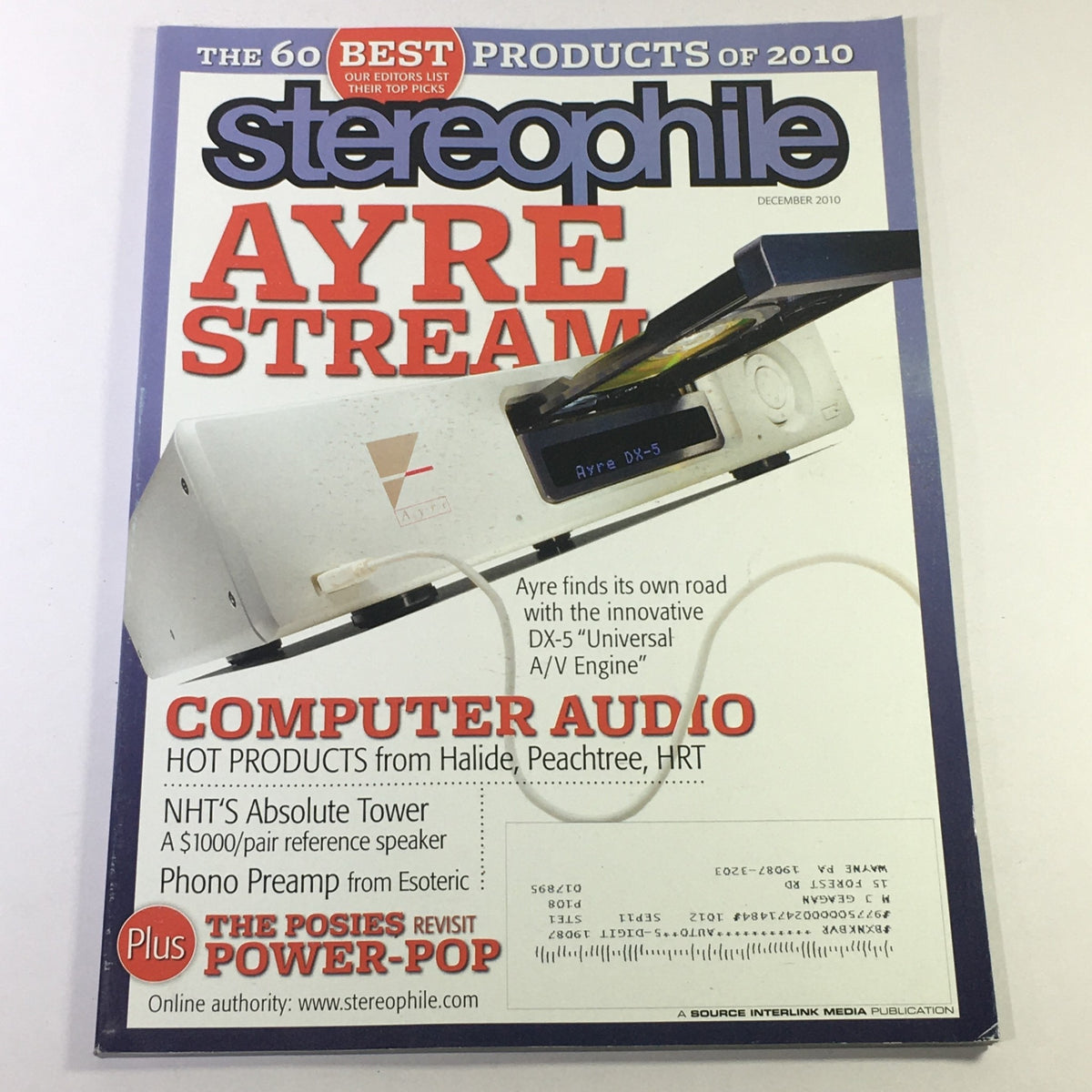 Cover of Stereophile Magazine December 2010 featuring the Ayre Stream/DX-5 Universal A/V Engine, showcasing hot computer audio products and best of 2010.