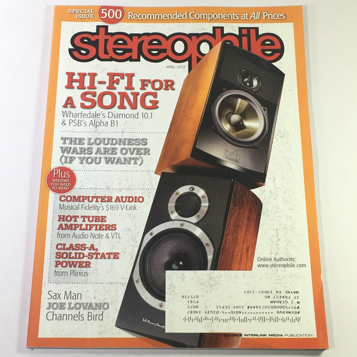 Cover of Stereophile Magazine April 2011 featuring an article on Wharfdale Diamond 10.1 and PSB Alpha B1 Hi-Fi speakers.