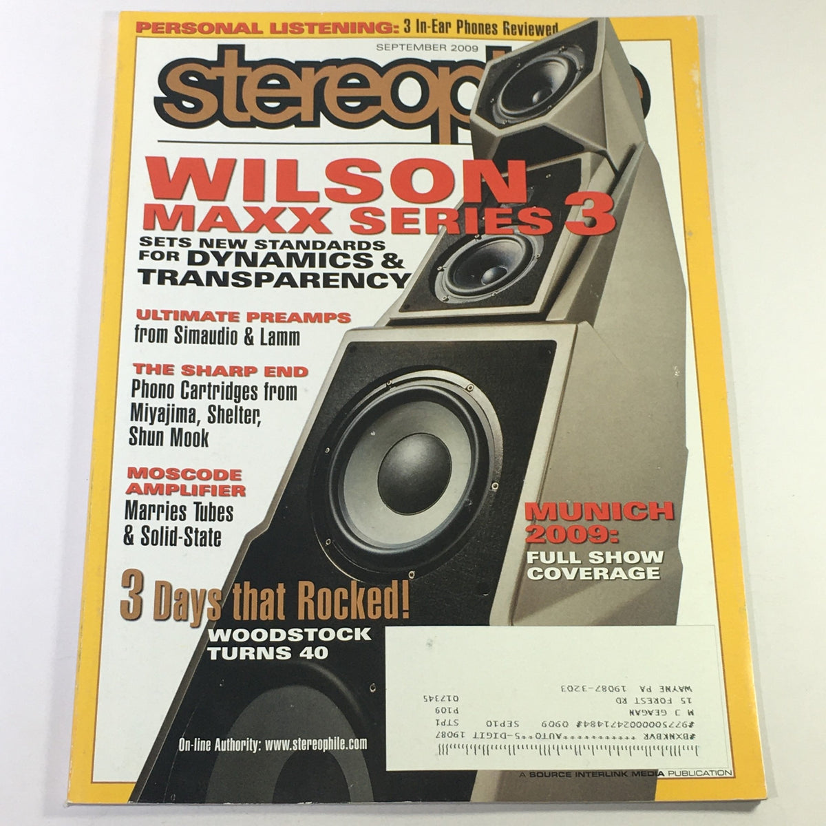 Cover of Stereophile Magazine September 2009 featuring the Wilson Maxx Series 3 speakers and Simaudio Pre-AMP, highlighting advancements in audio technology.