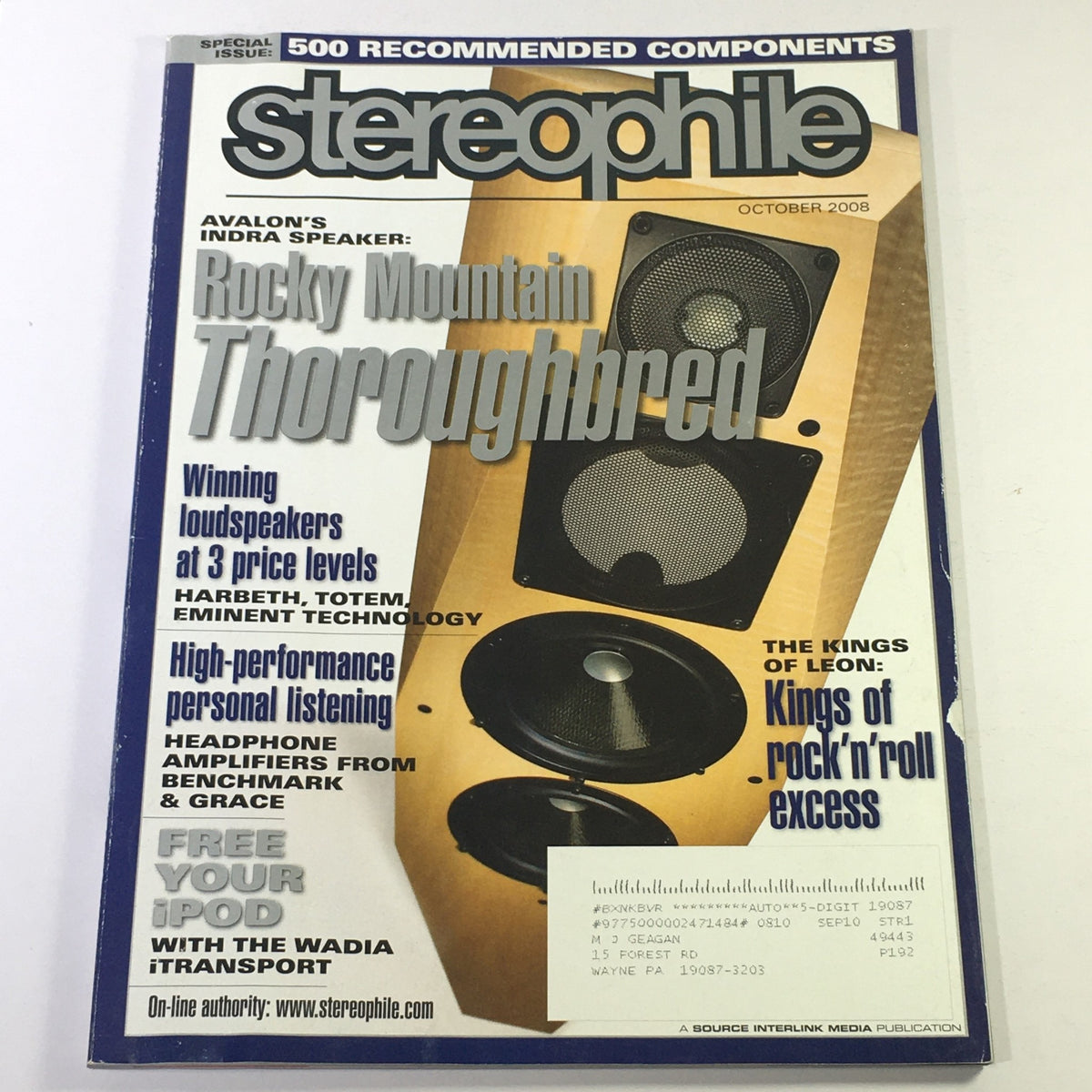 Stereophile Magazine October 2008 Cover featuring Avalon Indra Speaker and The Kings of Leon, showcasing high-fidelity audio equipment and contemporary music trends.