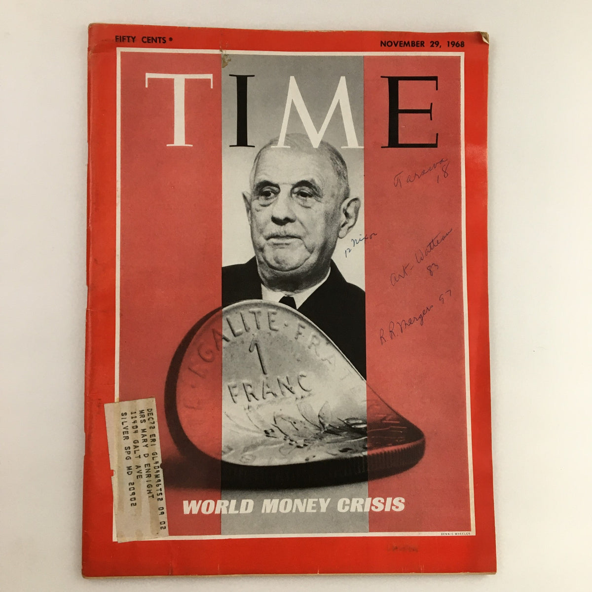Time Magazine November 29 1968 cover featuring Charles de Gaulle and a 1 franc coin, highlighting the topic of the world money crisis.