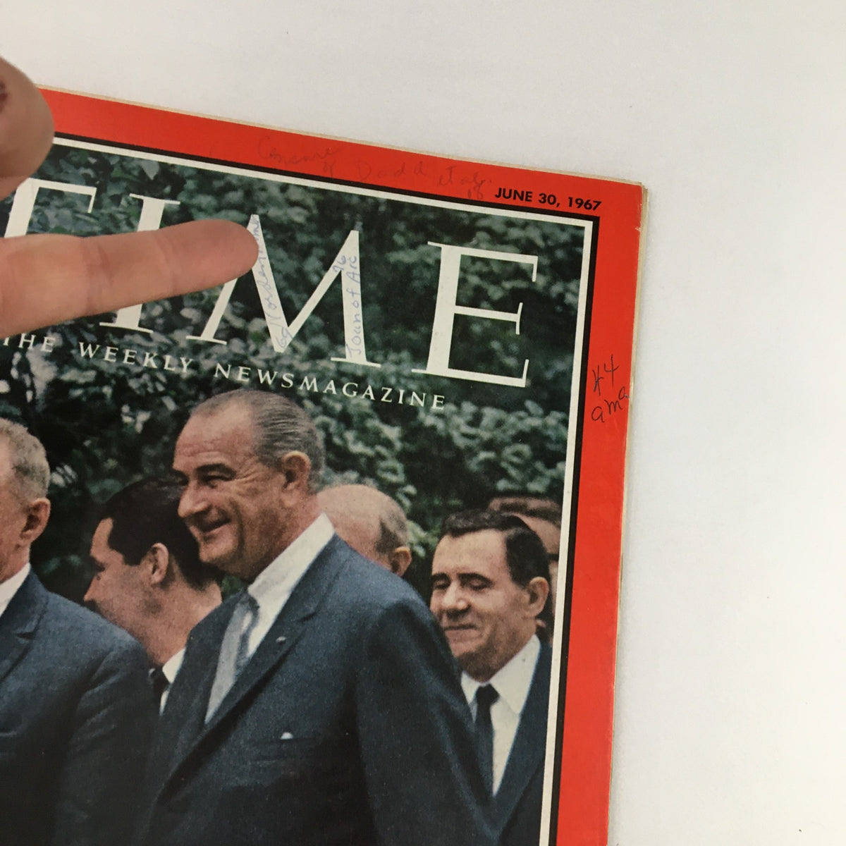 Close-up view of the Time Magazine June 30 1967 cover, Vol. 89 No. 26 with Kosygin and Johnson, highlighting vintage charm and condition.