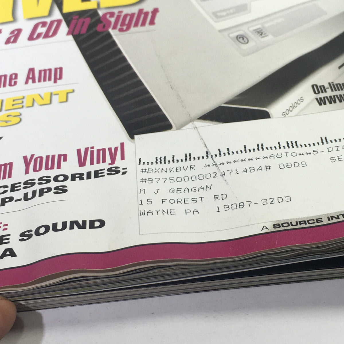 Close-up of the address label on the inside cover of Stereophile Magazine September 2008, highlighting the magazine's history and the title 'Sam Tellig Discovers Killer Headphone Amp'.