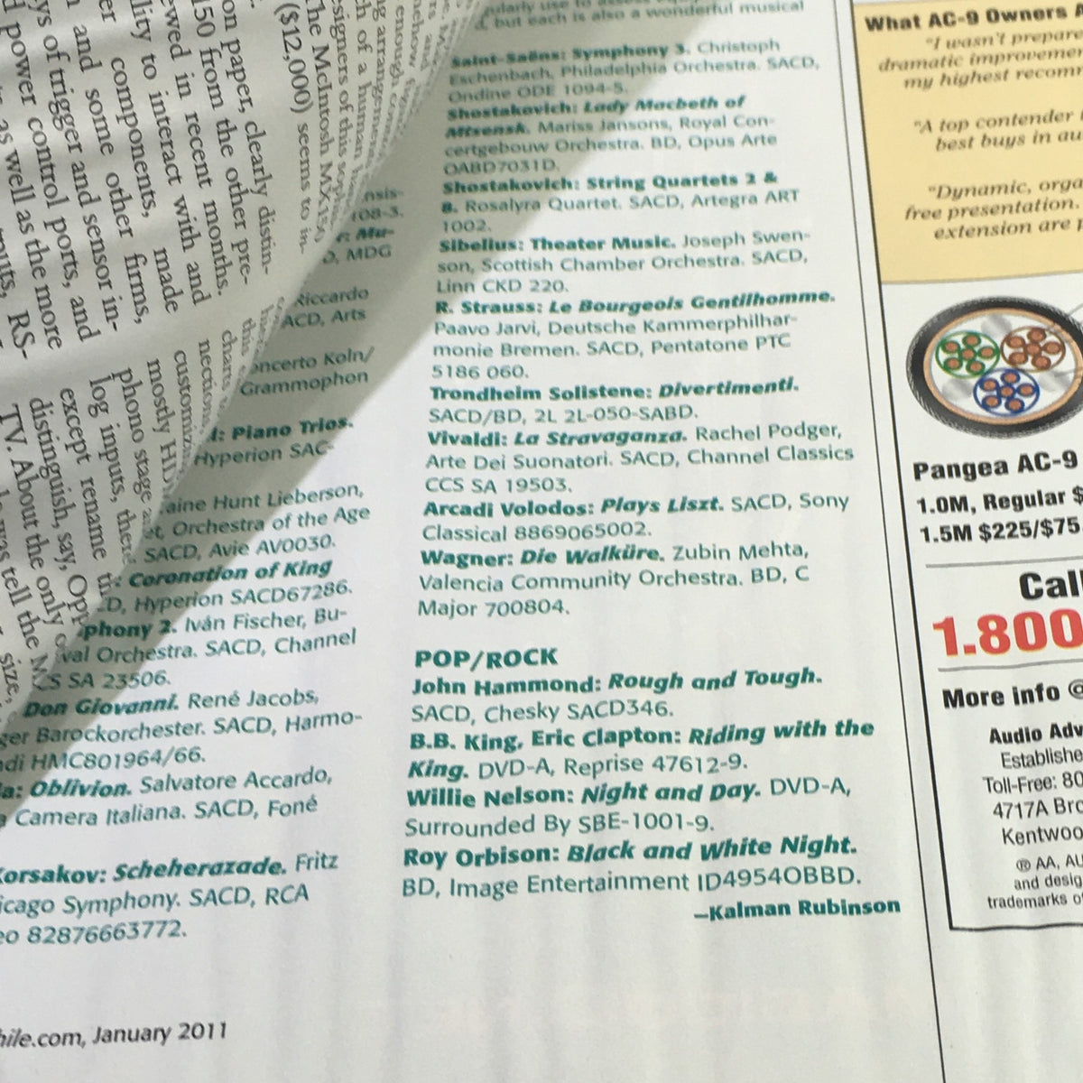 Interior page of Stereophile Magazine January 2011 showcasing music and audio listings, featuring Stack O'Dacs from Chord, Esoteric, and dCS.
