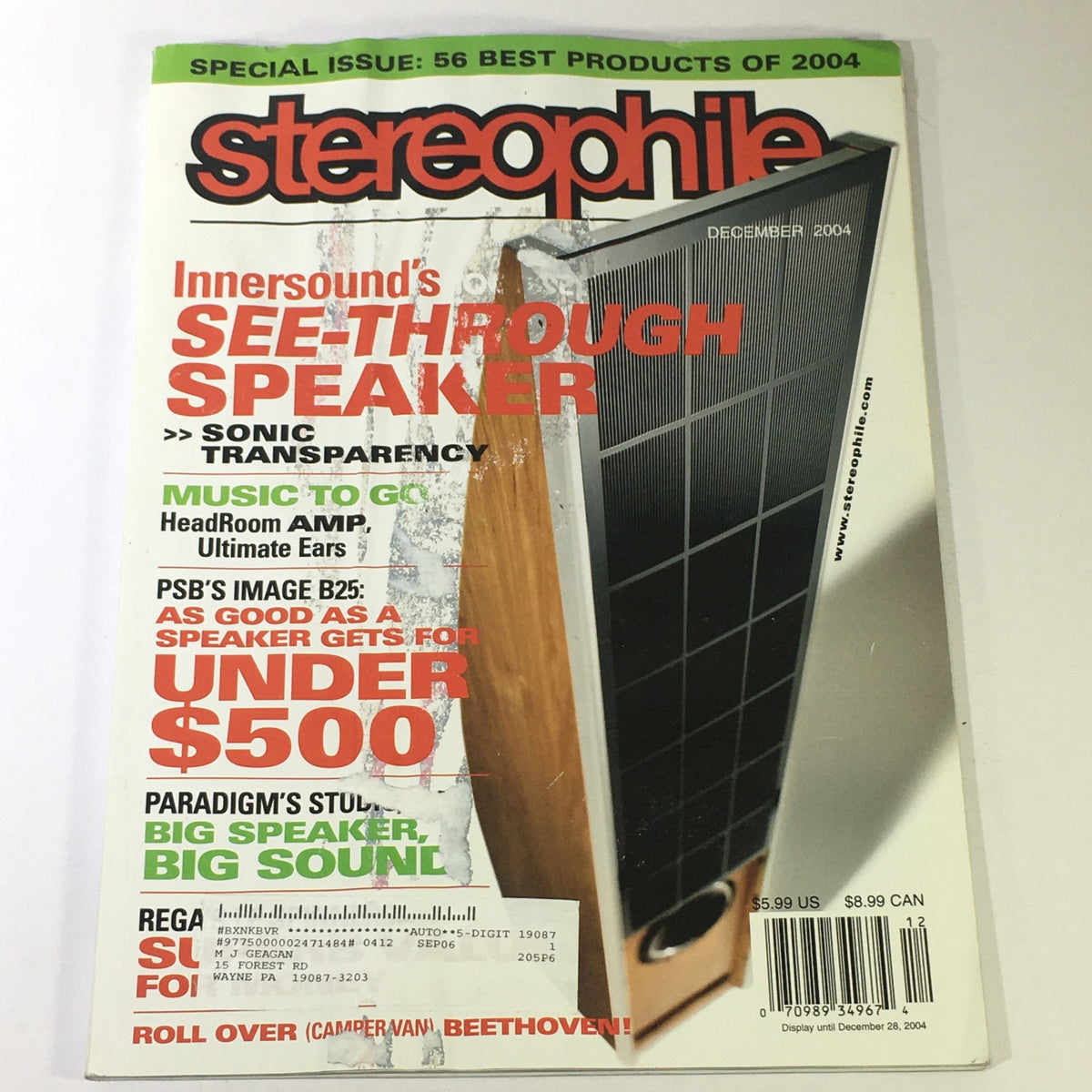 Cover of Stereophile Magazine December 2004 featuring Innersound Speaker and a discussion on Sonic Transparency, showcasing audio technology and product highlights from 2004.