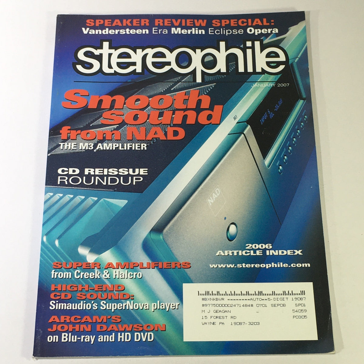 Cover of Stereophile Magazine January 2007 featuring a review of the NAD M3 AMP and a roundup of CD reissues, showcasing audio technology trends of the time.