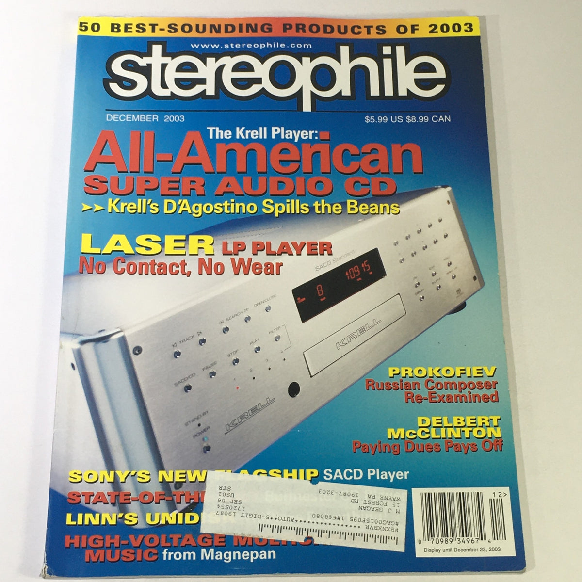 Cover of Stereophile Magazine December 2003, featuring Krell's D'Agostino amplifier and Laser LP player, showcasing top audio products and features on sound technology.